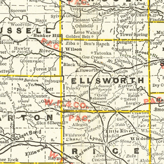Vintage Railroad Map of Kansas, 1888