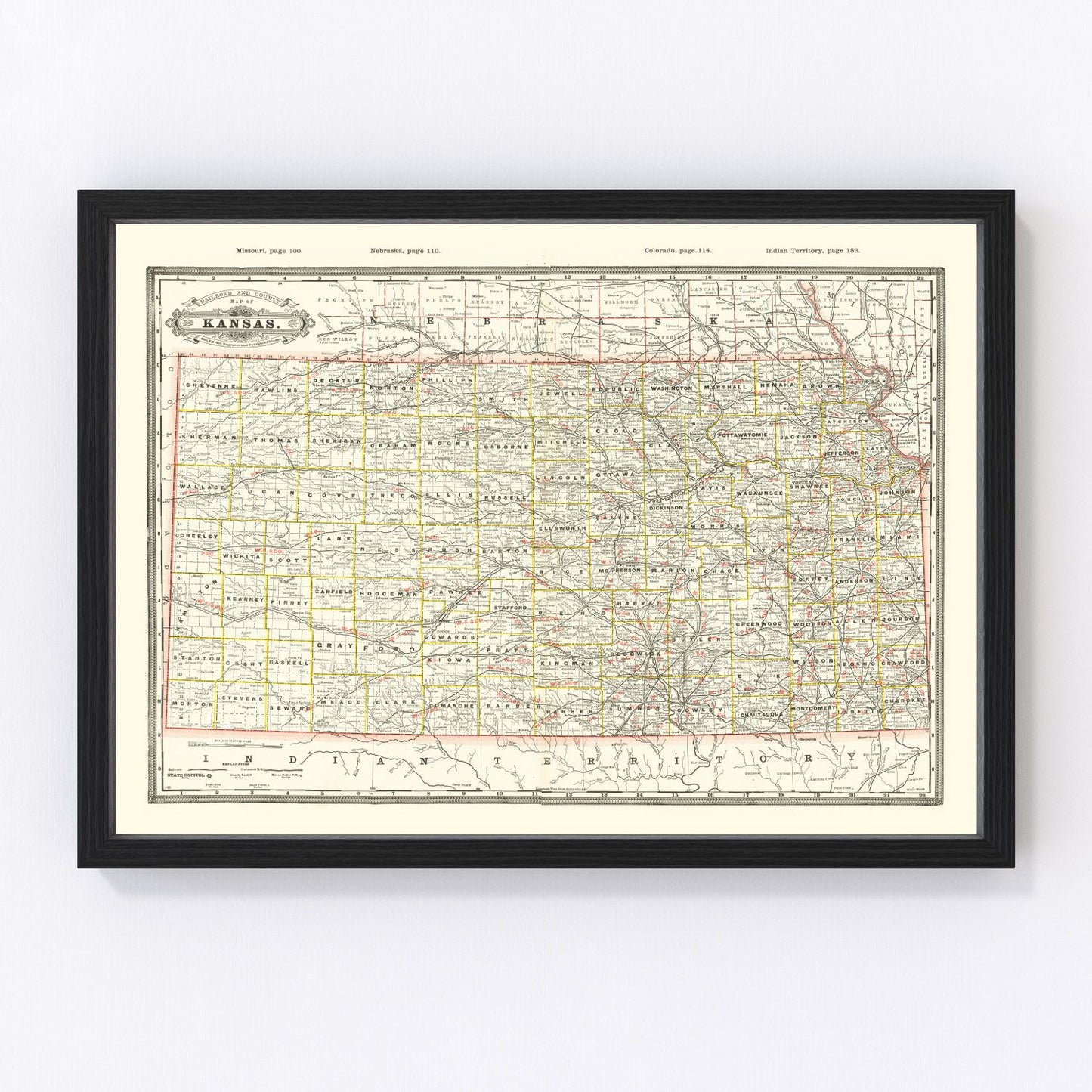 vintage railroad map of Kansas, 1888