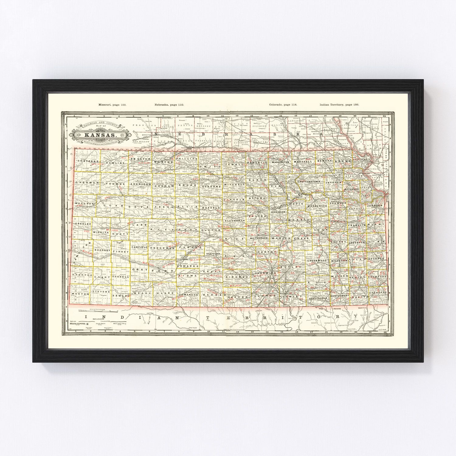 vintage railroad map of Kansas, 1888