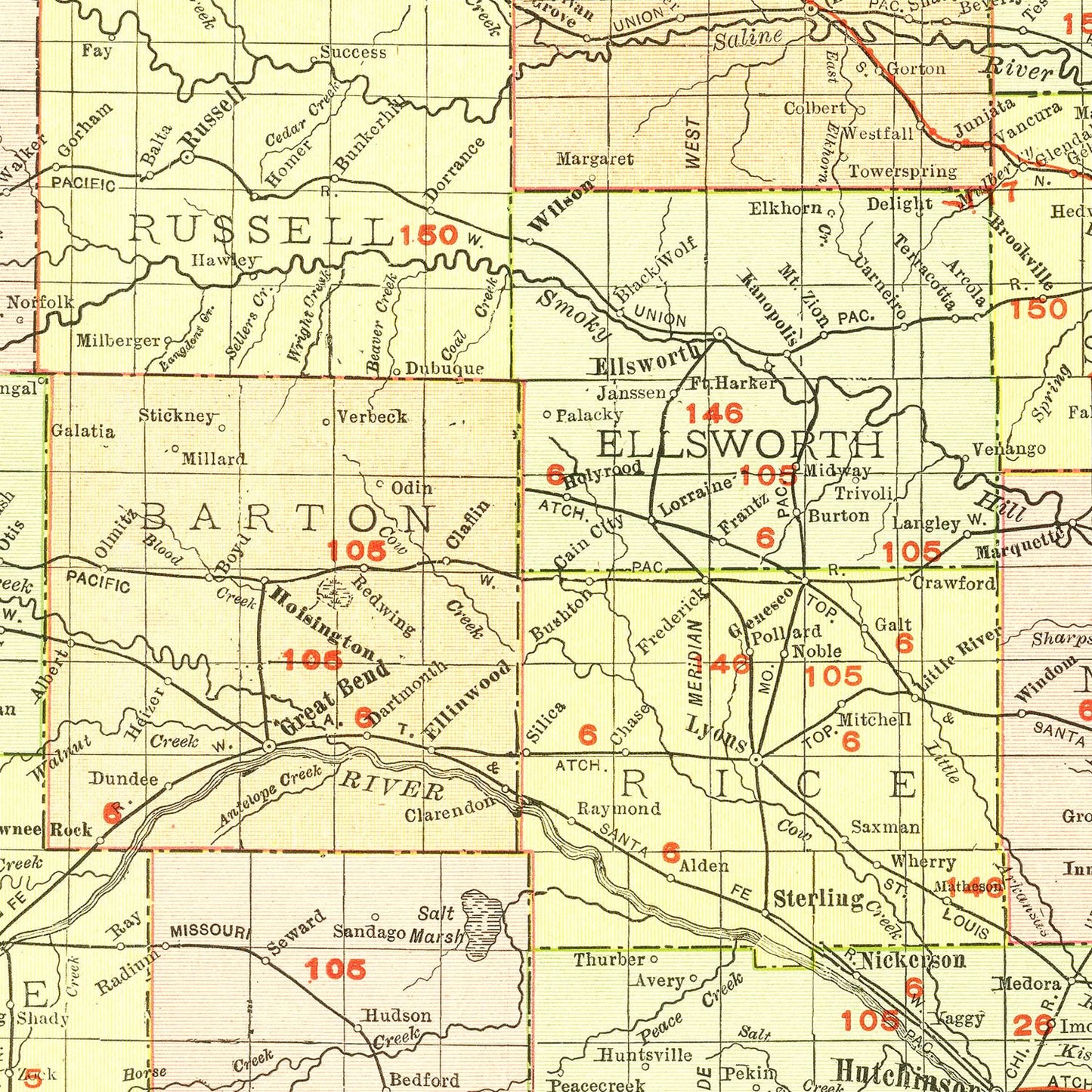 Vintage Map of Kansas, 1917