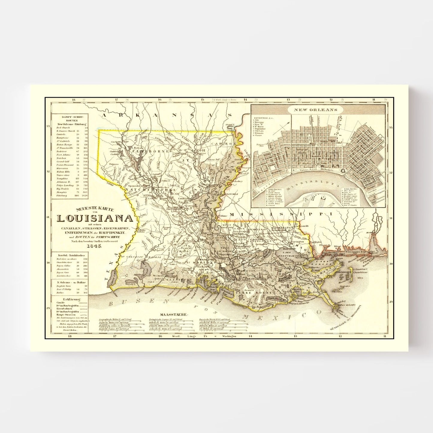 Vintage Map of Louisiana, 1845