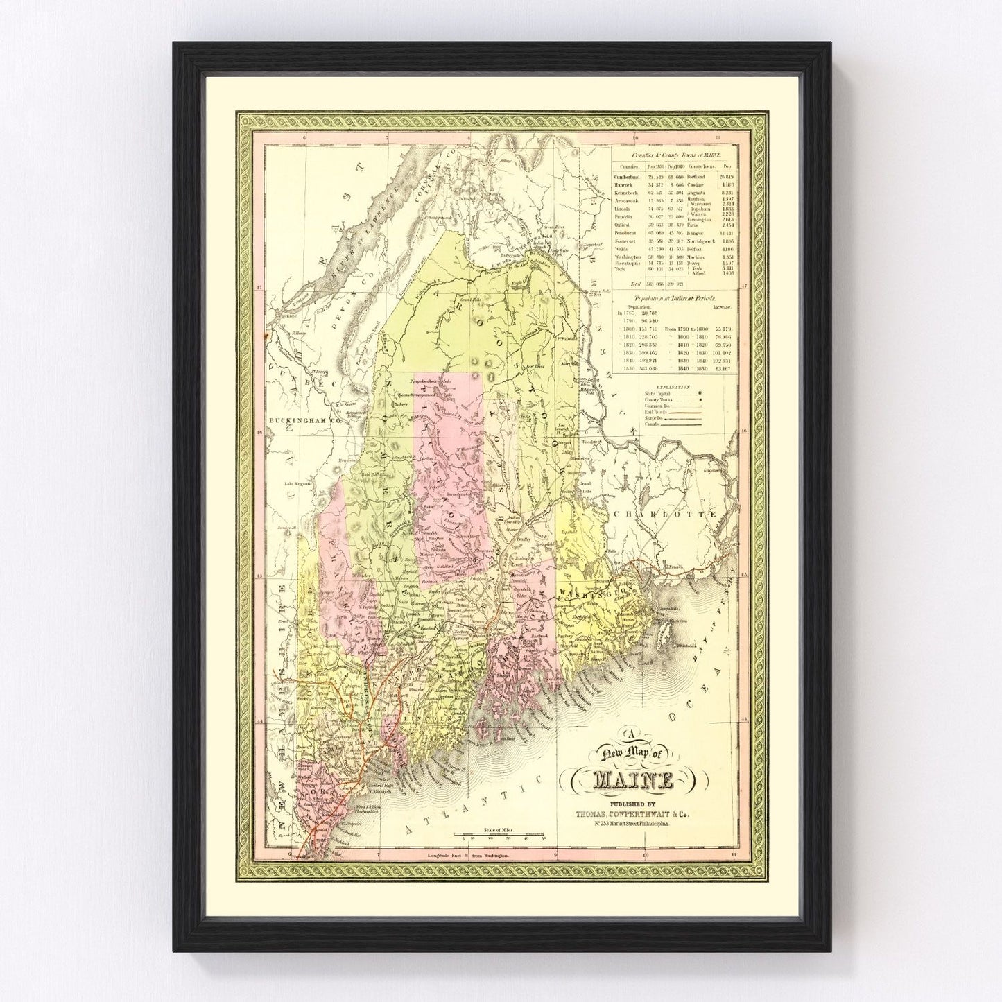 Vintage map of Maine, 1855