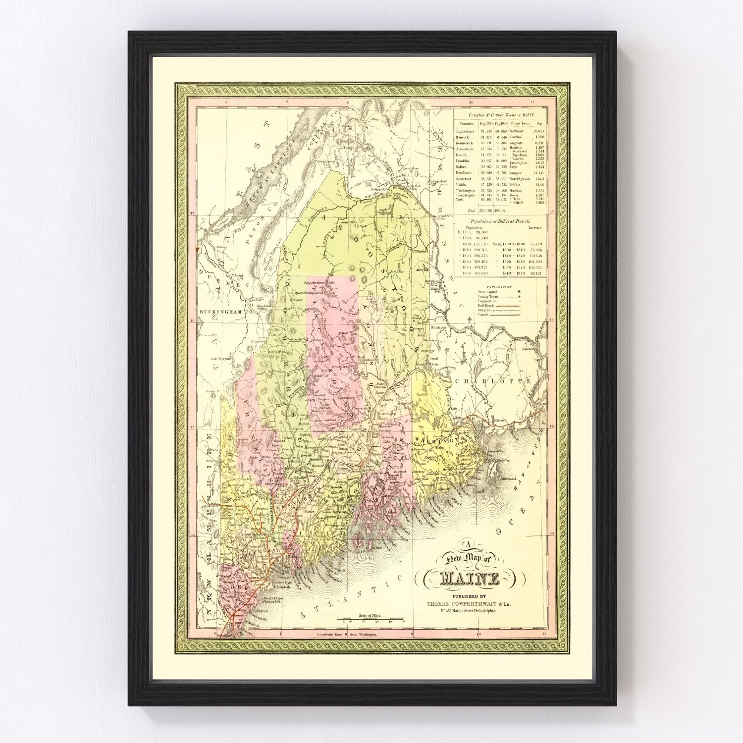 Vintage map of Maine, 1855