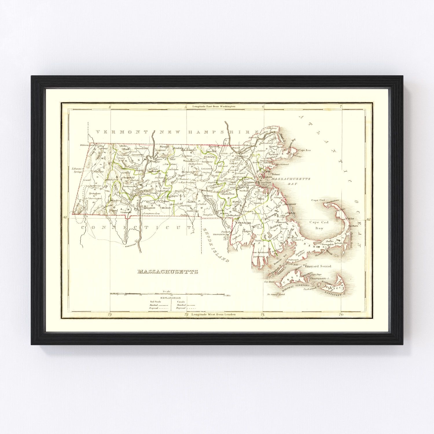 Vintage map of Massachusetts, 1835