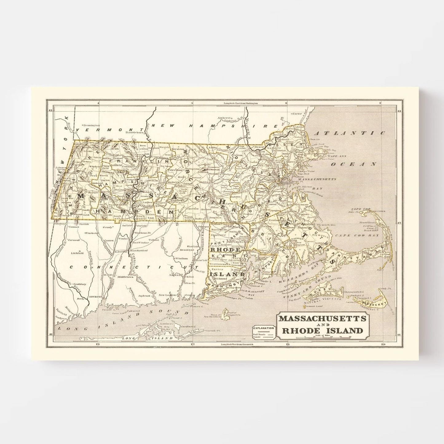 Vintage Map of Massachusetts, 1842