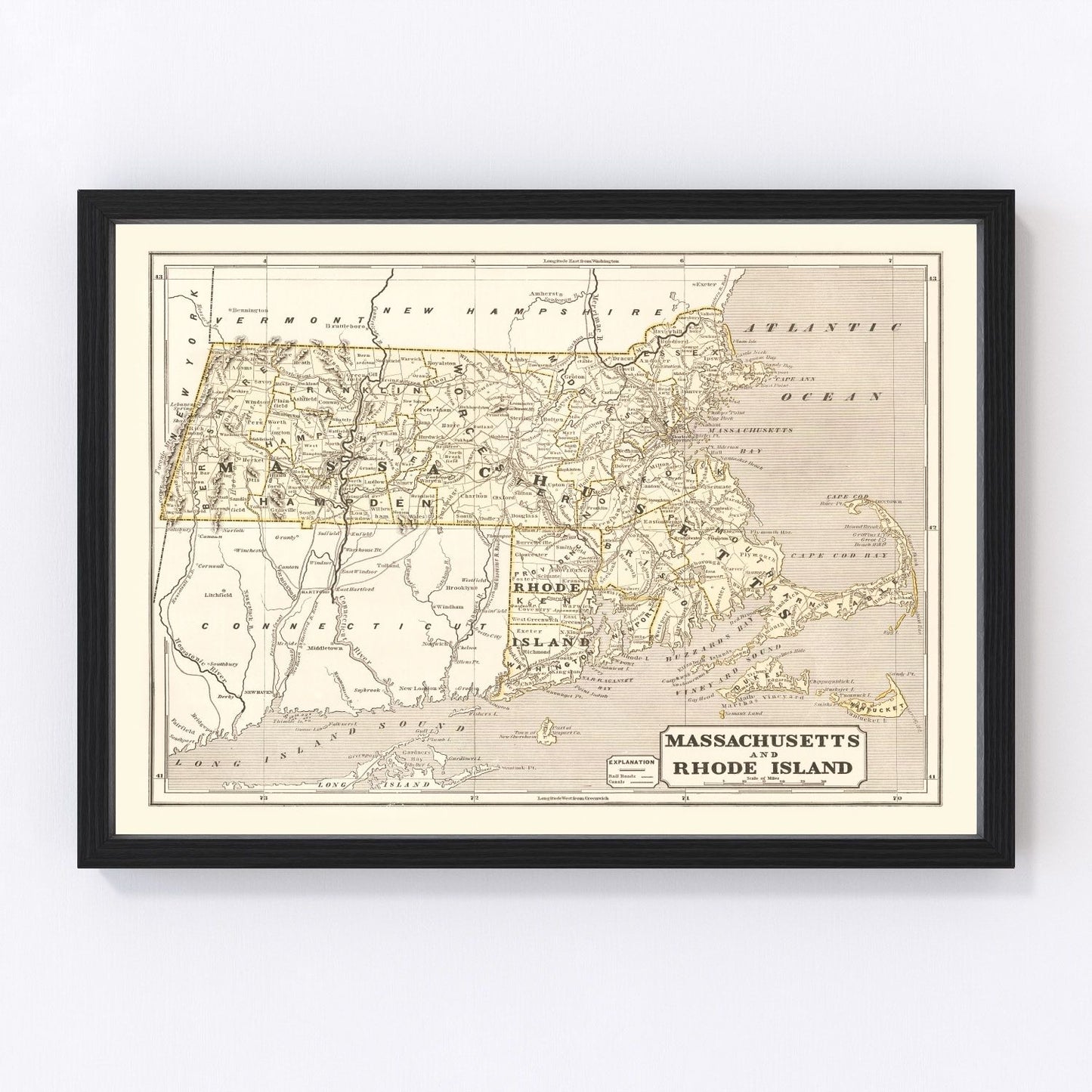 Vintage map of Massachusetts, 1842