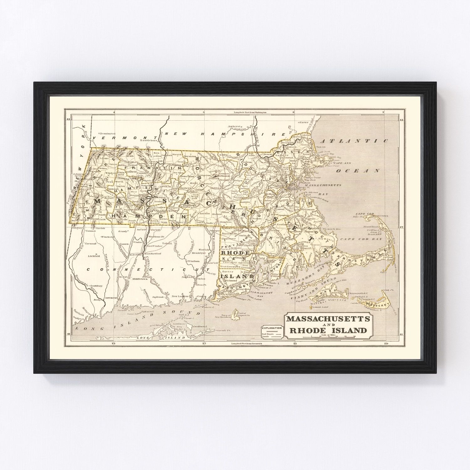 Vintage map of Massachusetts, 1842