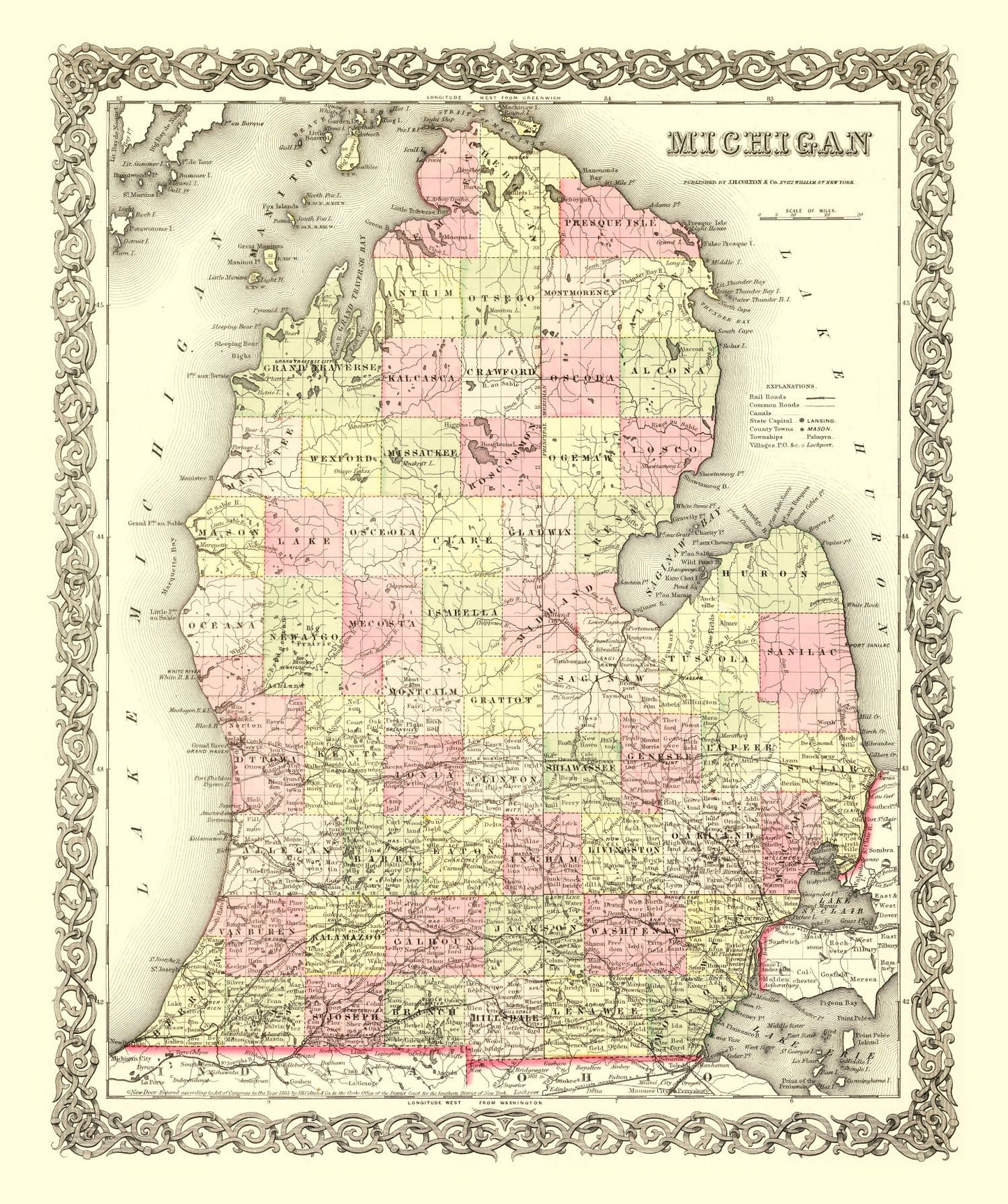 Vintage Map of Michigan, 1855