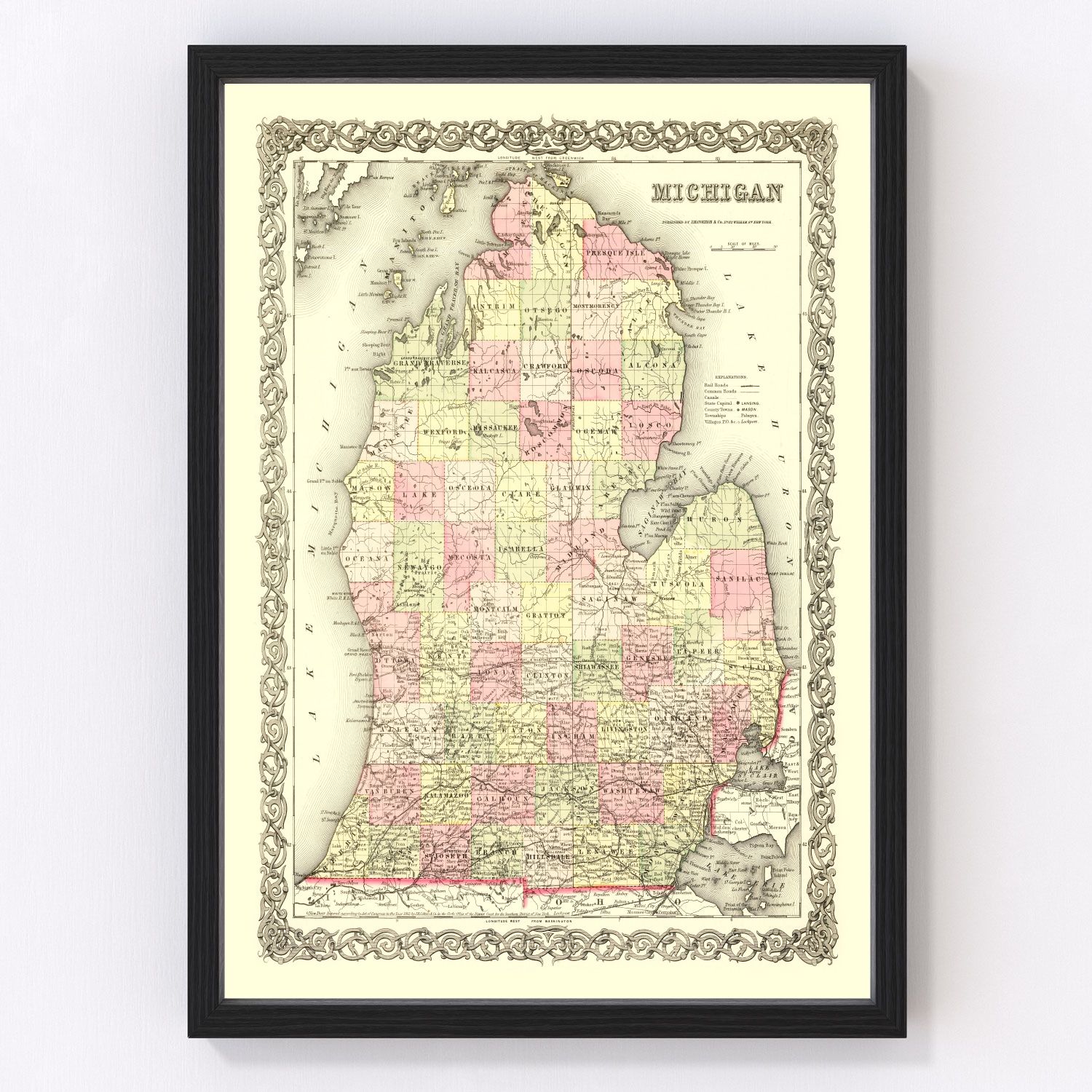 vintage map of Michigan, 1855