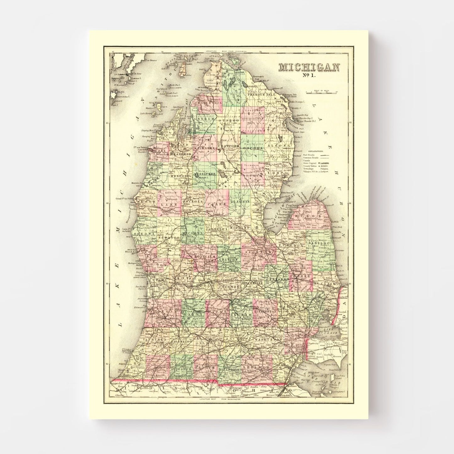 Vintage Map of Michigan, 1875