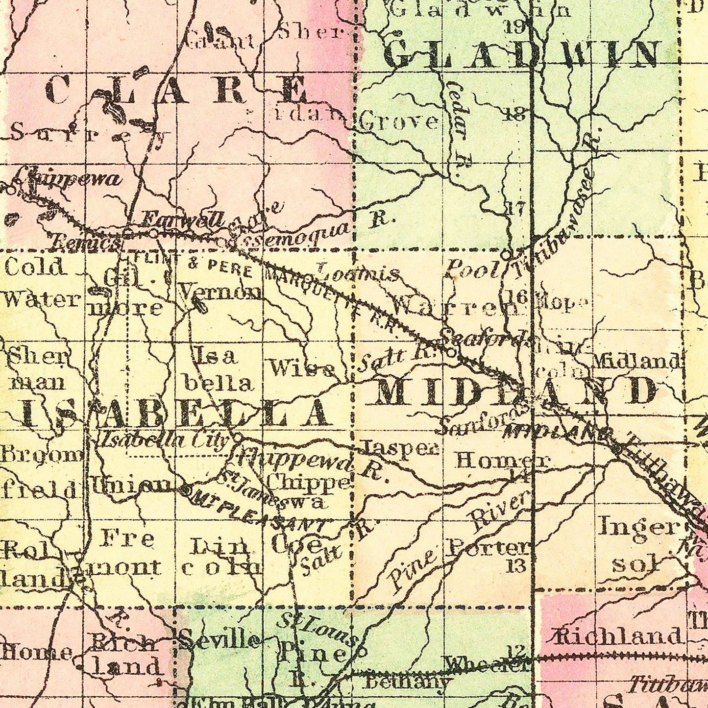 Vintage Map of Michigan, 1875