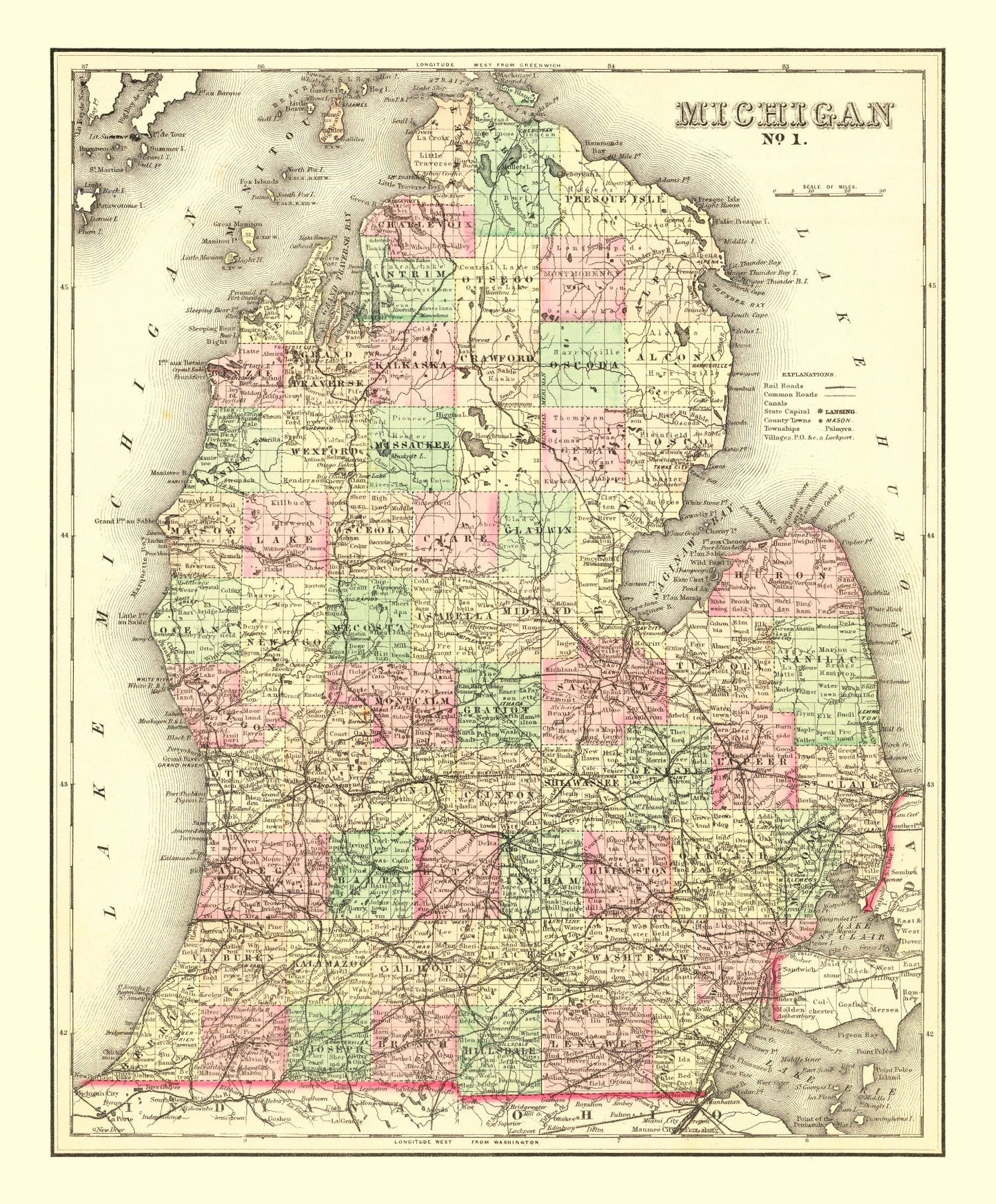 Vintage Map of Michigan, 1875