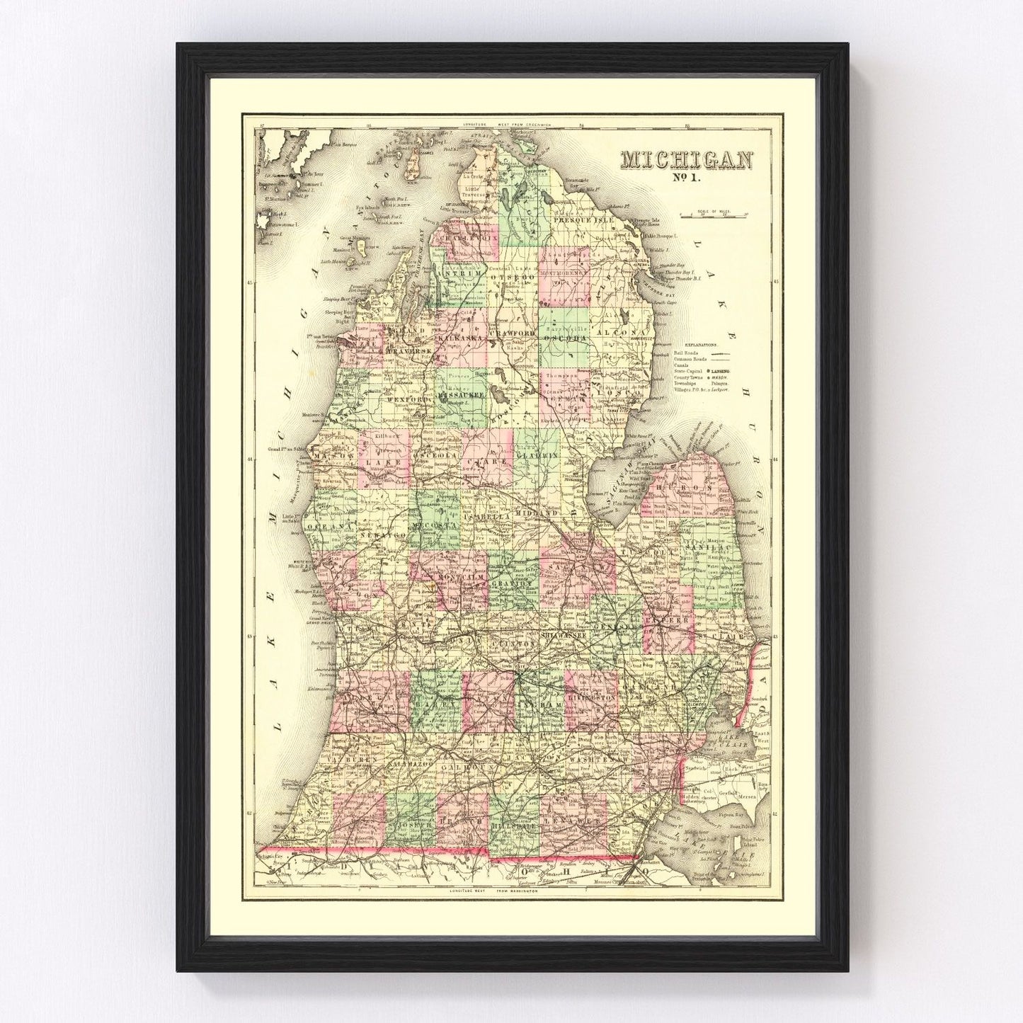 vintage map of Michigan, 1875