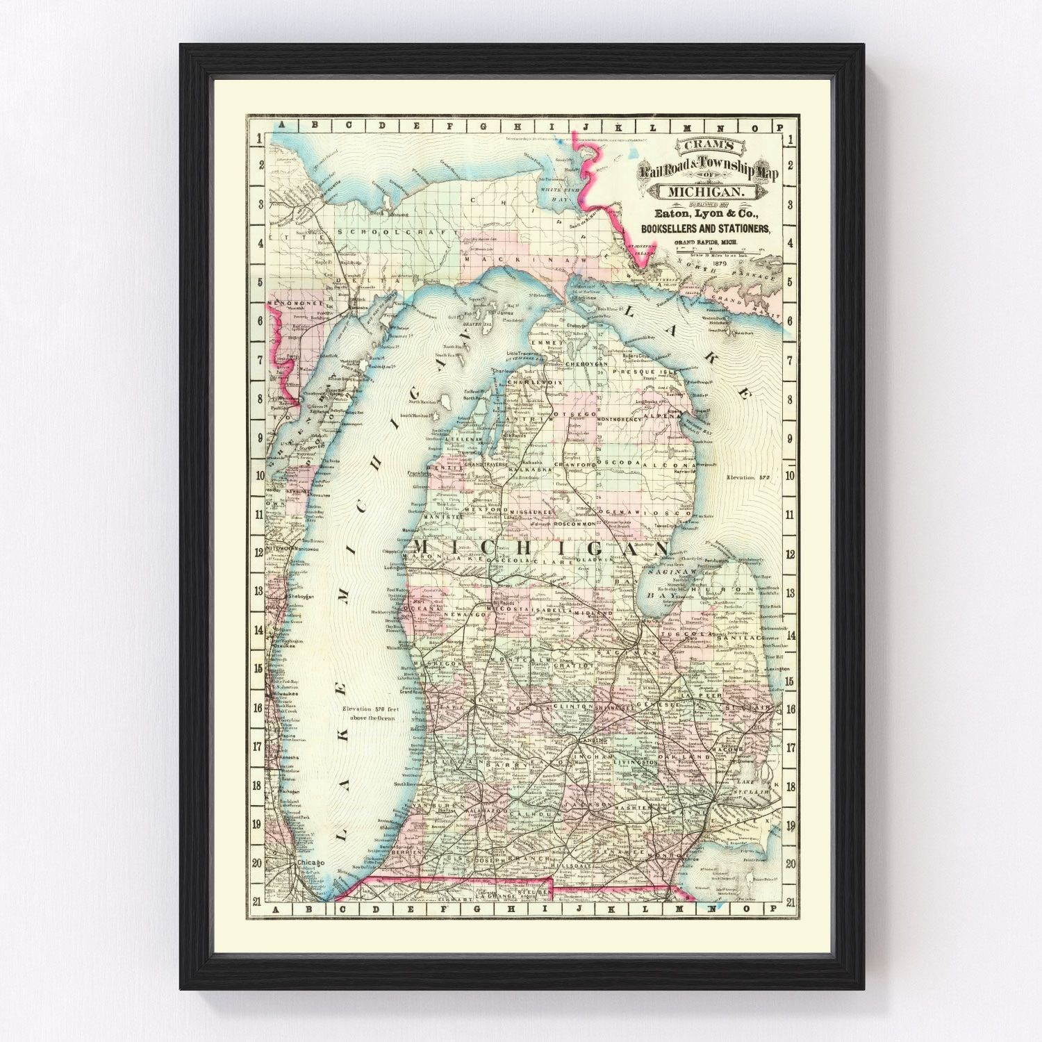 vintage railroad map of Michigan, 1879
