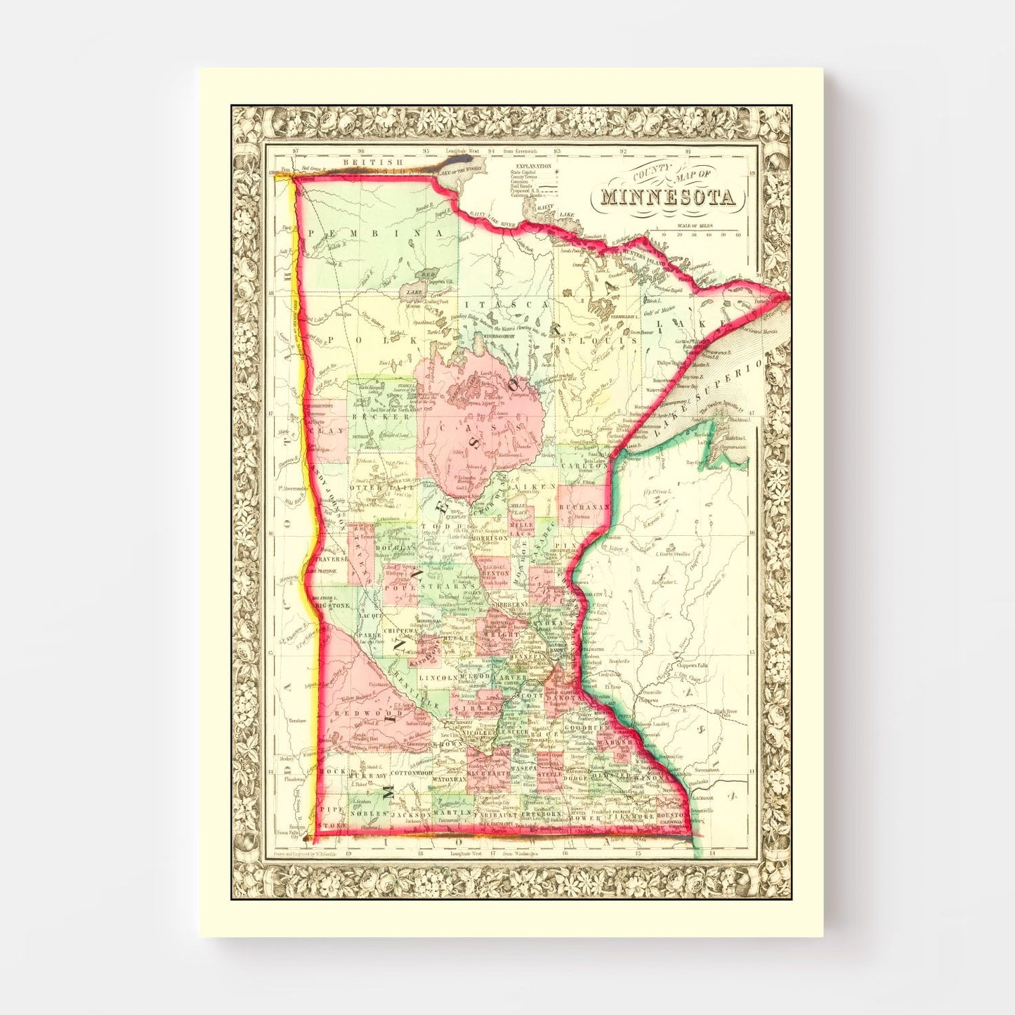 Vintage Map of Minnesota, 1862