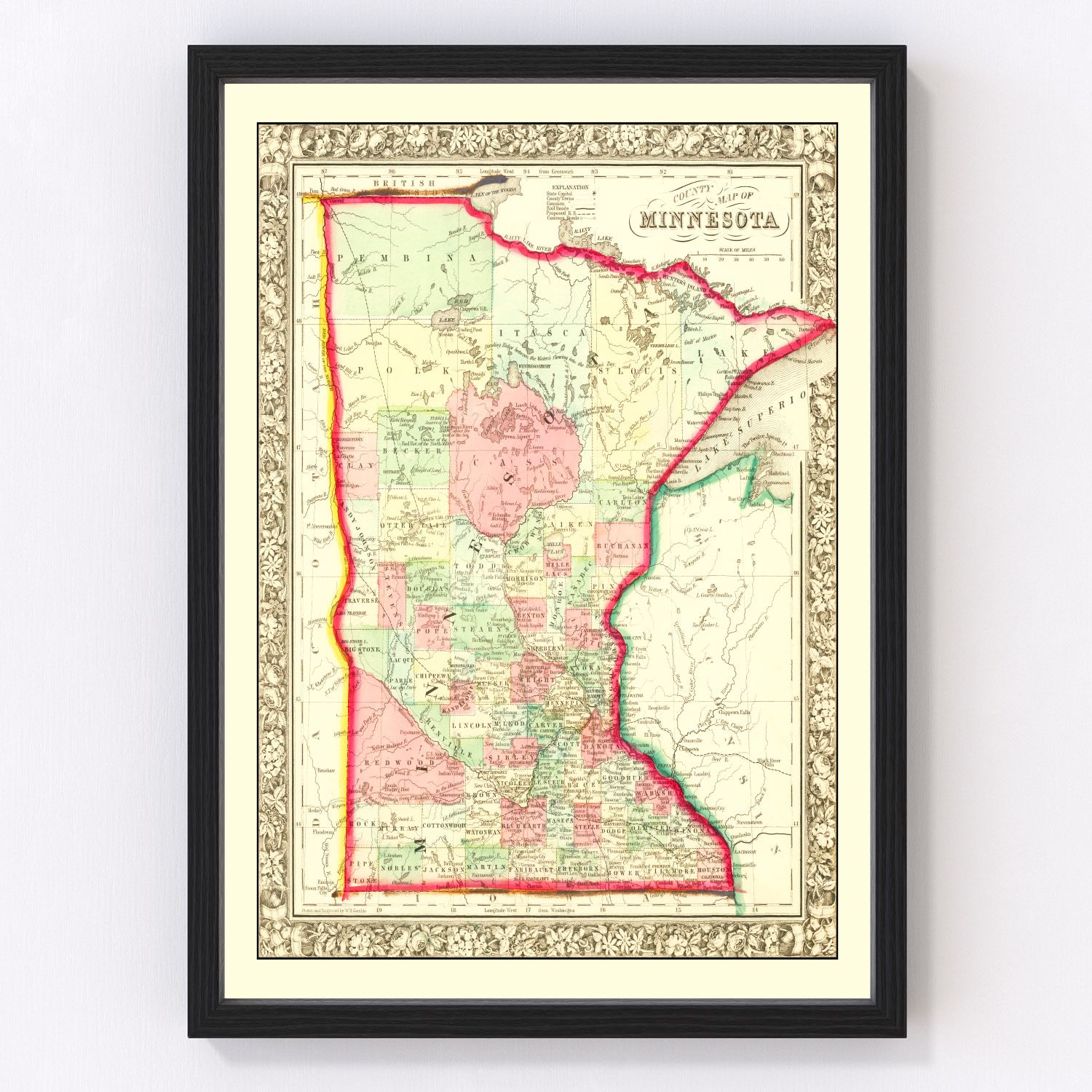vintage map of Minnesota, 1862