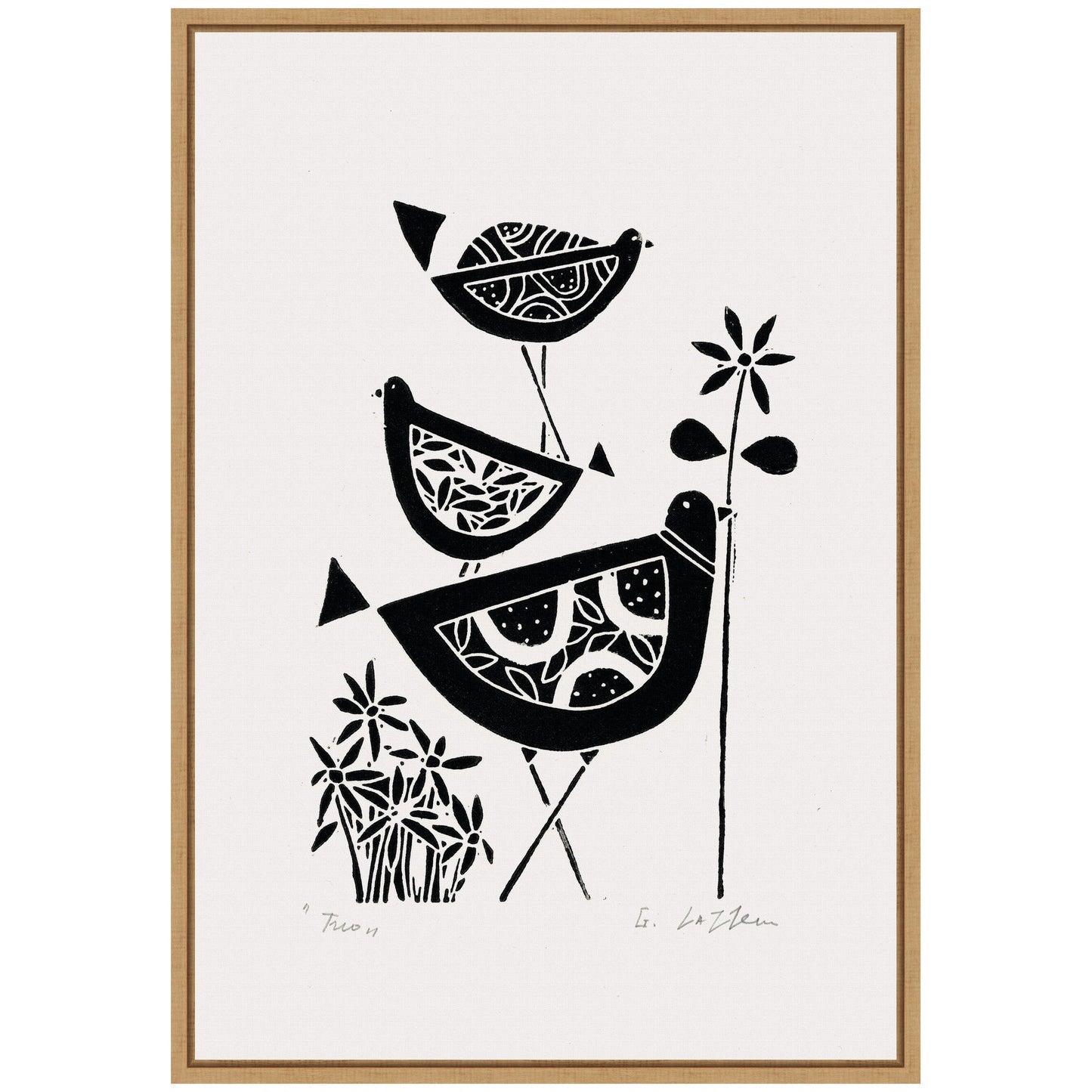 Folk Bird Family Trio Linocut Framed Canvas Wall Art