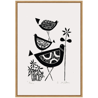Folk Bird Family Trio Linocut Framed Canvas Wall Art