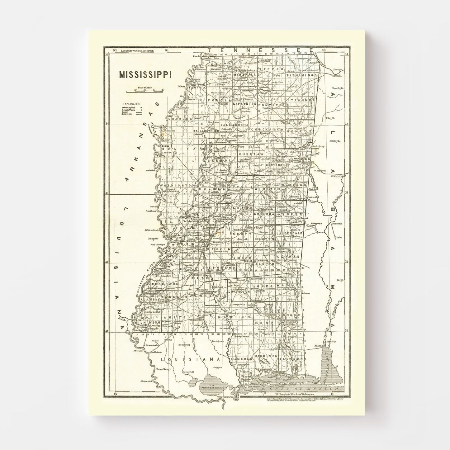 Vintage Map of Mississippi, 1842