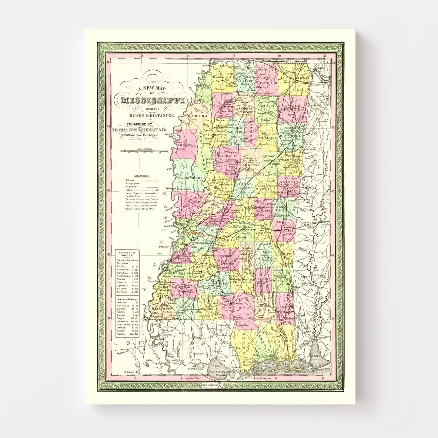 Vintage Map of Mississippi, 1854