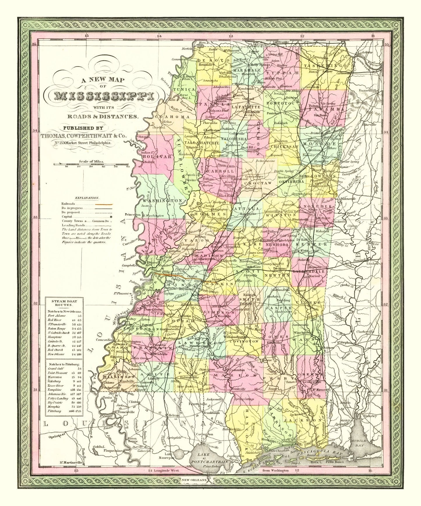Vintage Map of Mississippi, 1854
