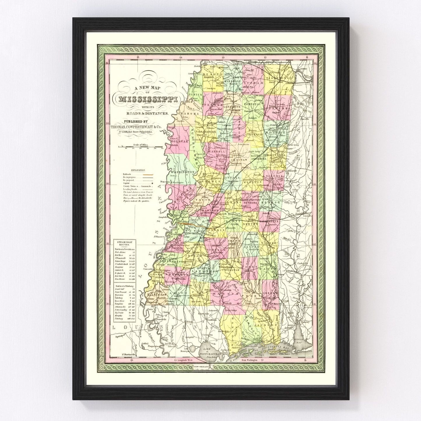 vintage map of Mississippi, 1854