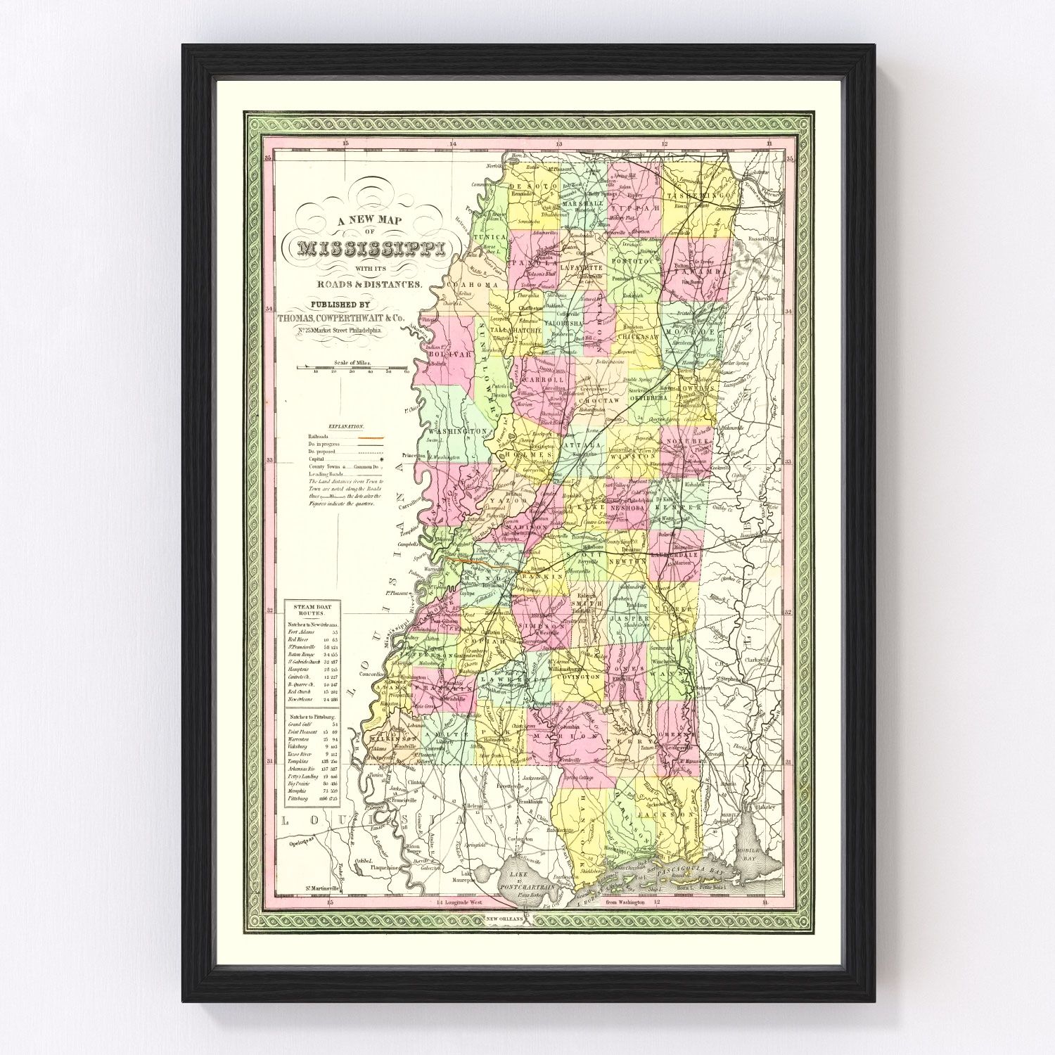 vintage map of Mississippi, 1854