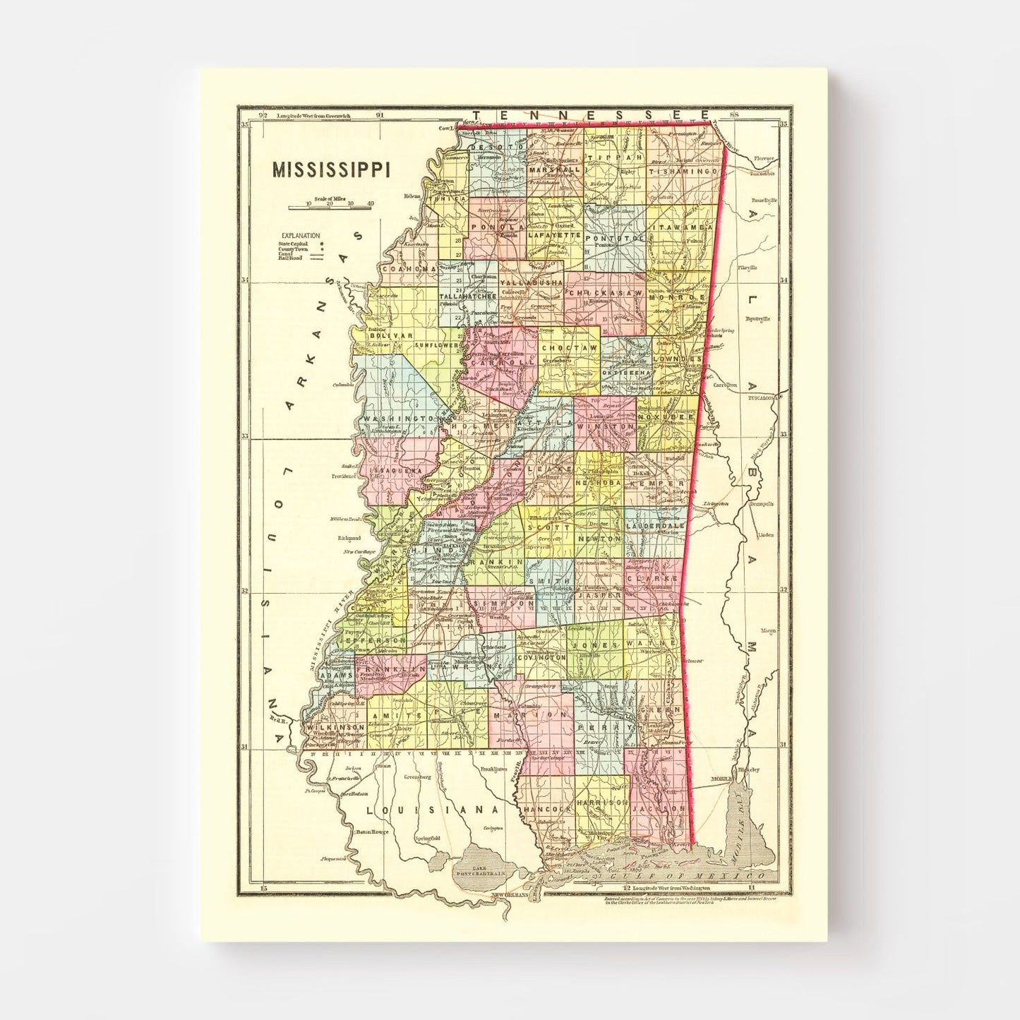 Vintage Map of Mississippi, 1856