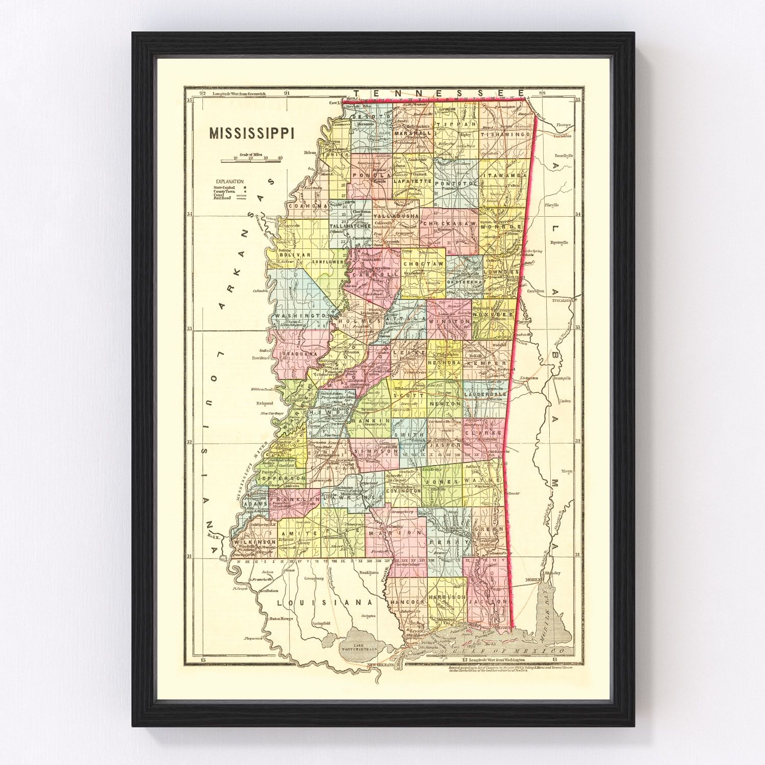 Vintage map of Mississippi, 1856