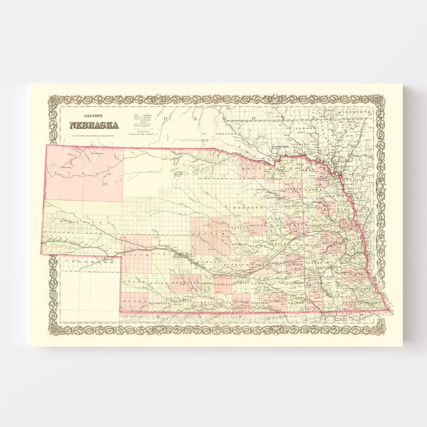 Vintage Map of Nebraska, 1867