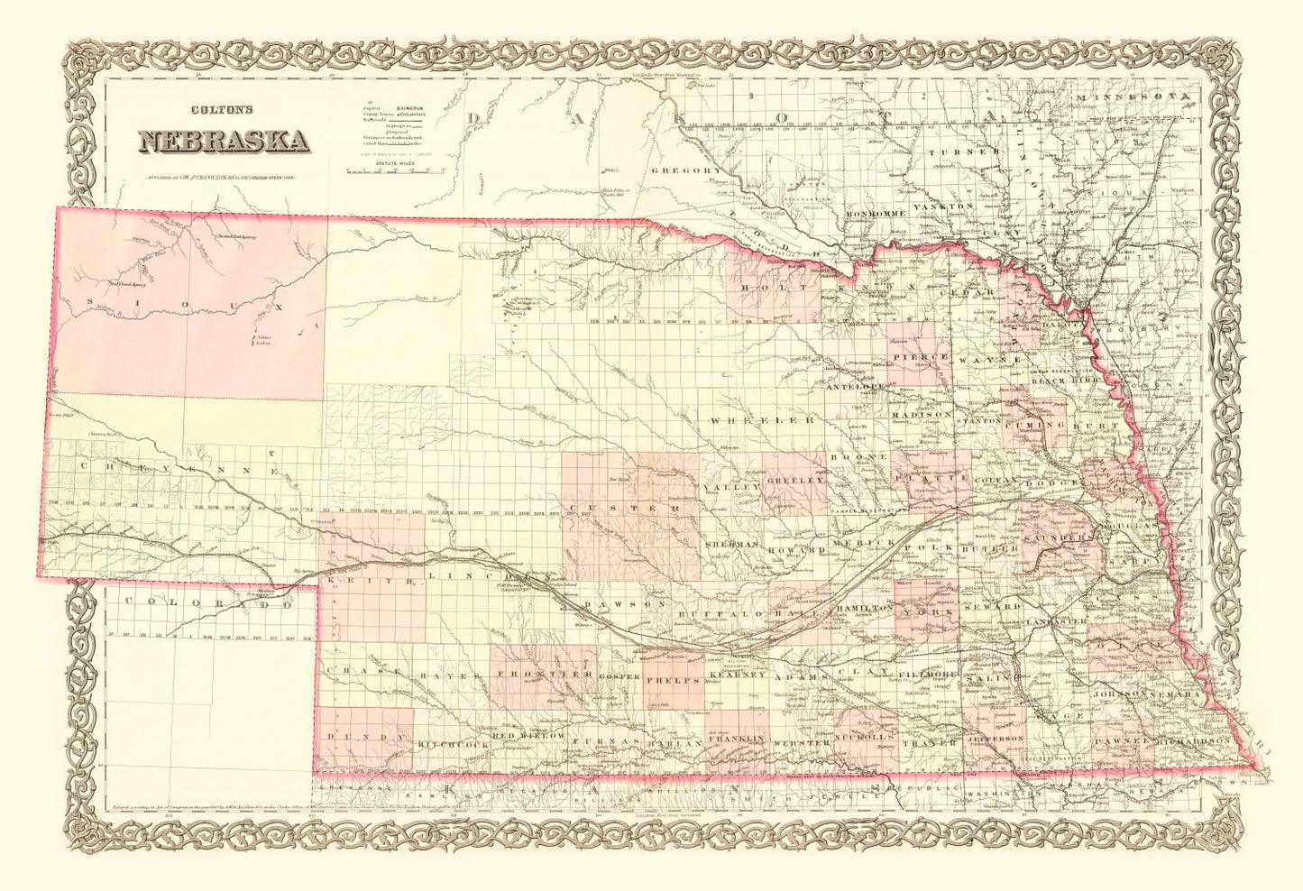 Vintage Map of Nebraska, 1867