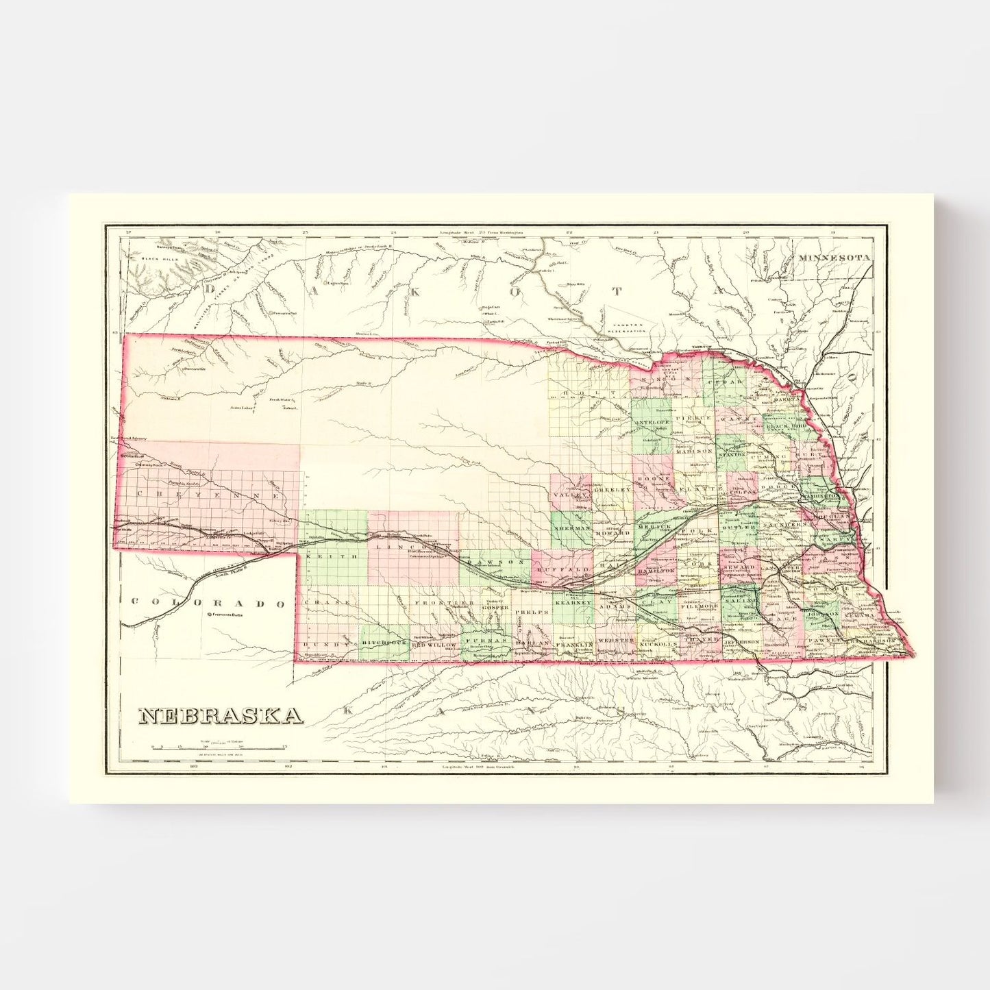Vintage Map of Nebraska, 1876 (Ed. 2)