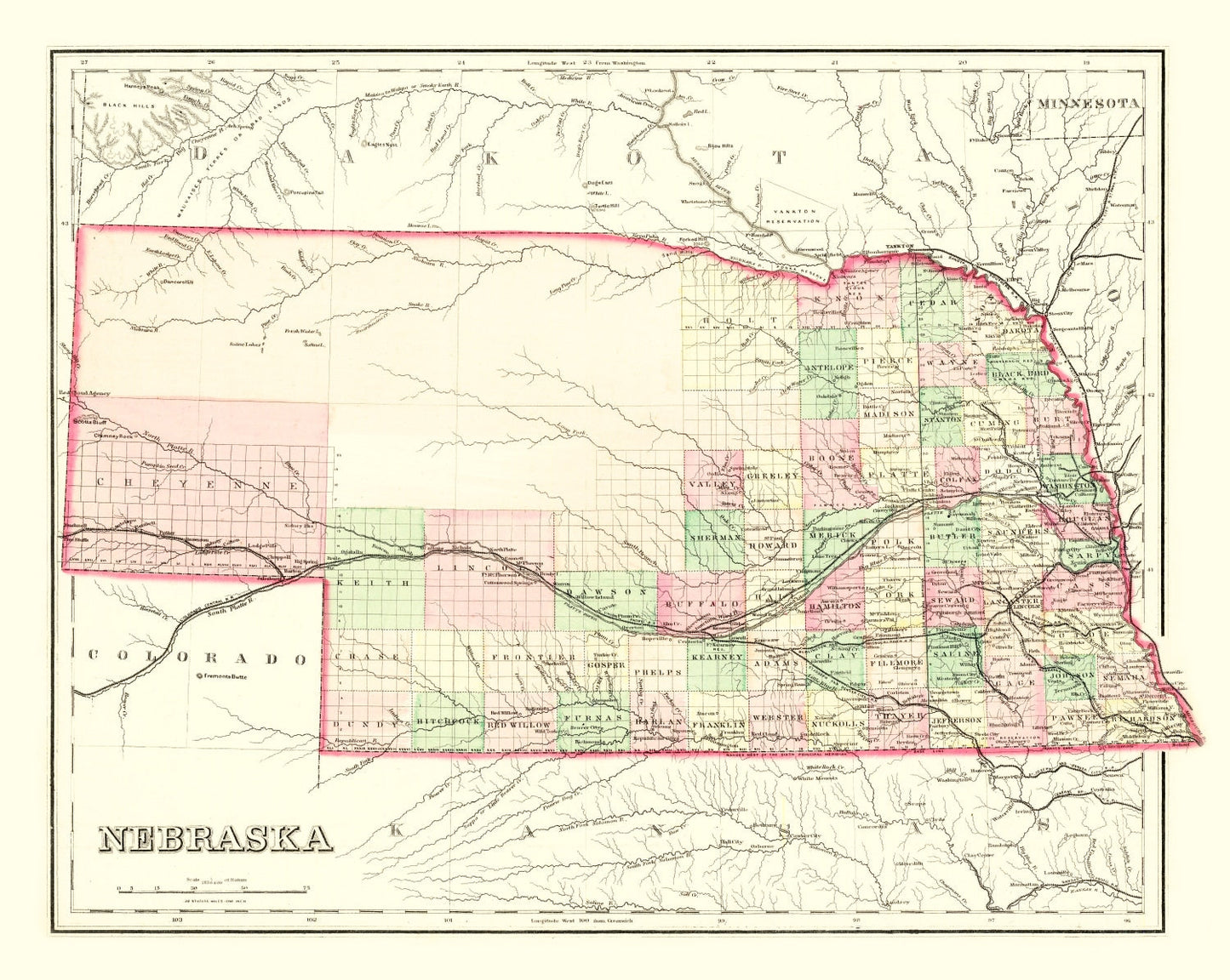 Vintage Map of Nebraska, 1876 (Ed. 2)