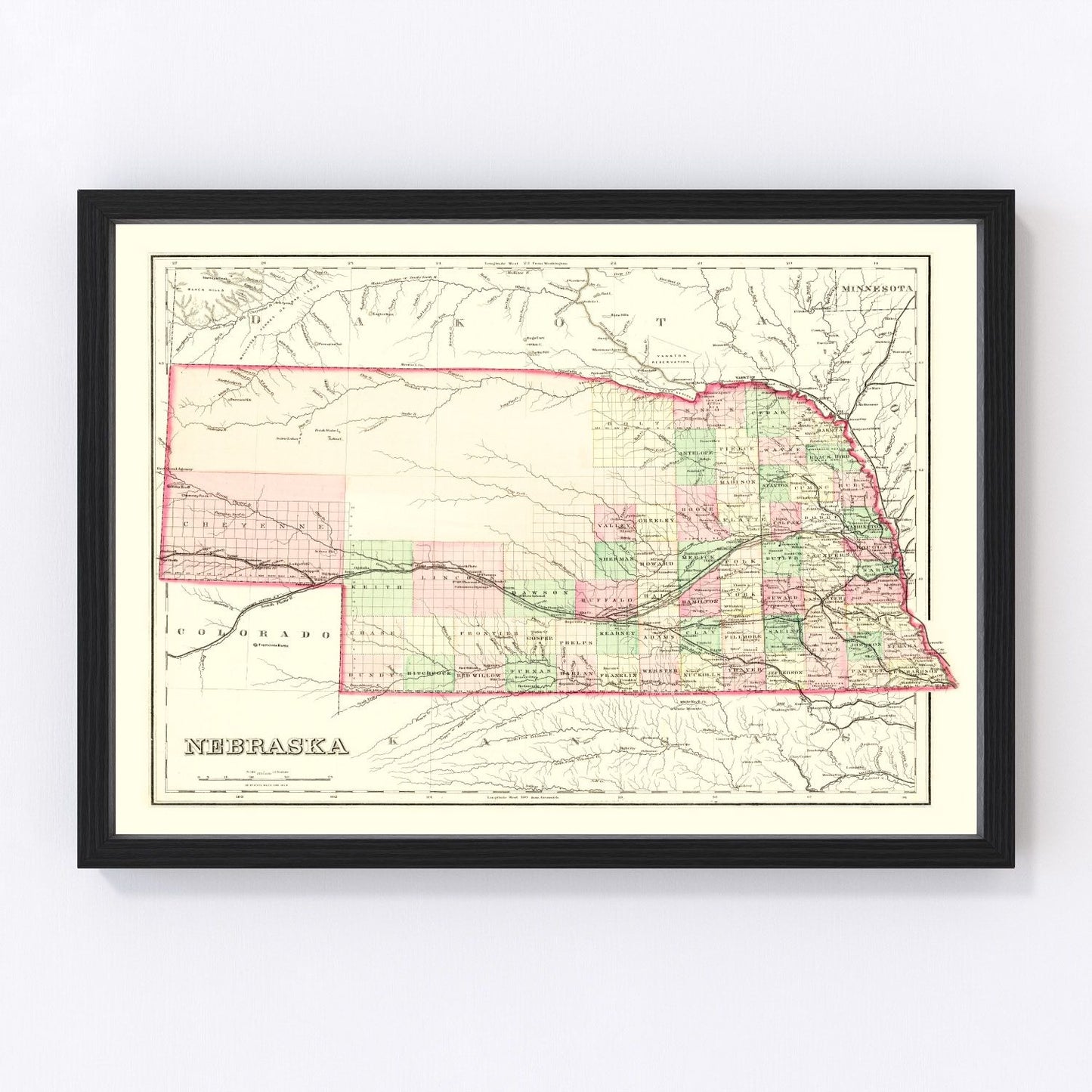 Vintage map of Nebraska, 1876