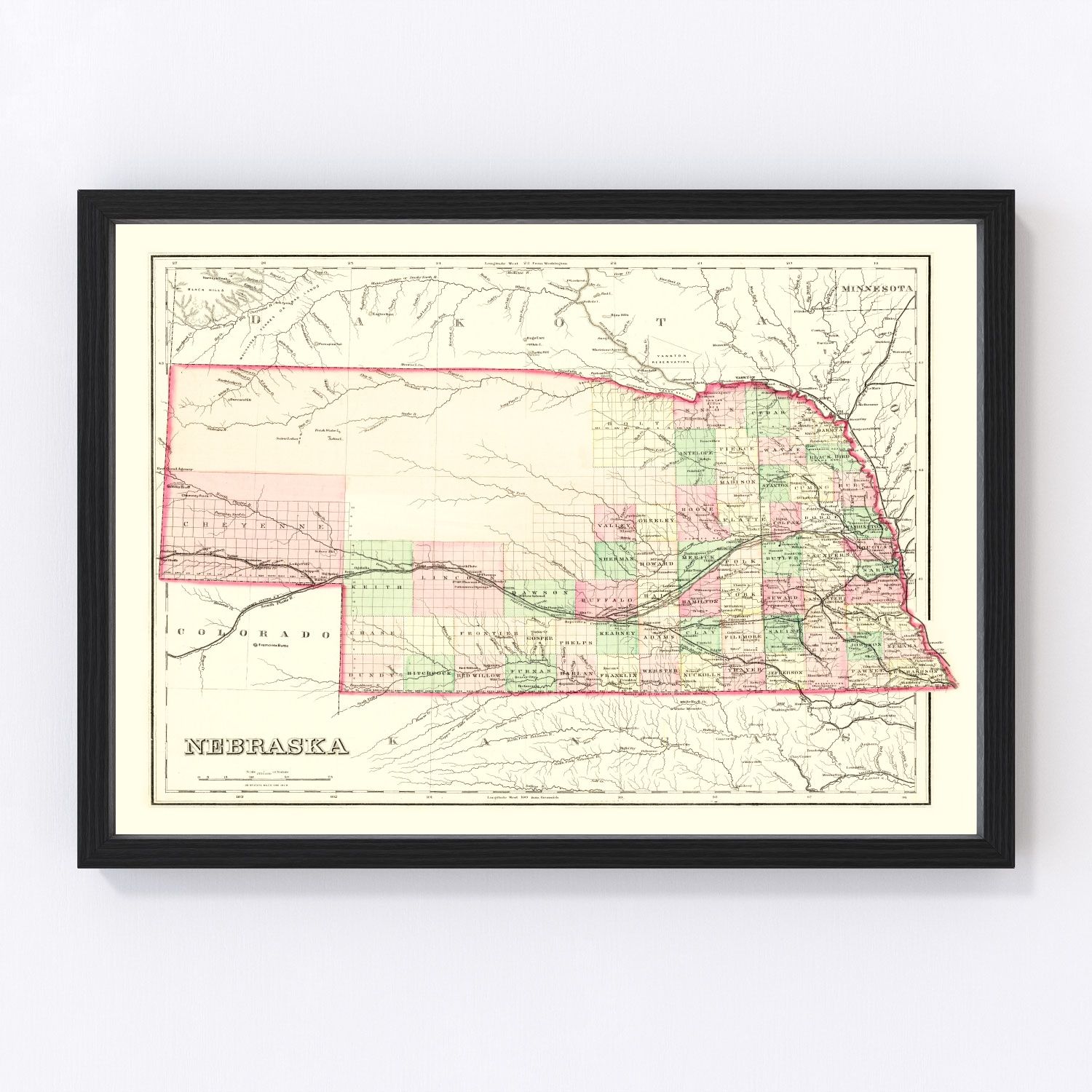 Vintage map of Nebraska, 1876