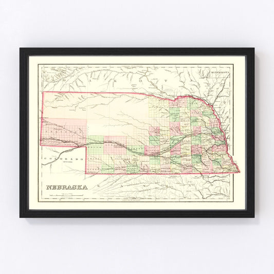 Vintage map of Nebraska, 1876