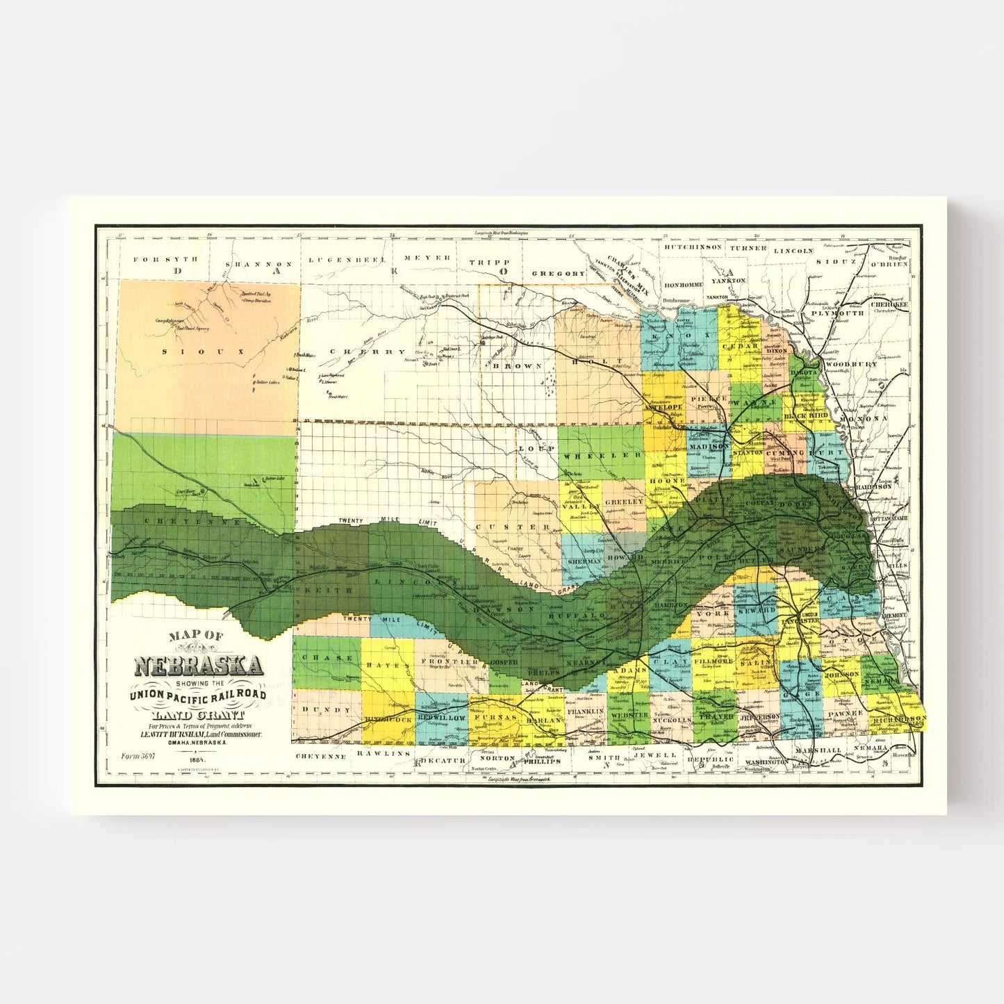 Vintage Union Pacific Railroad Land Grant Map of Nebraska, 1884