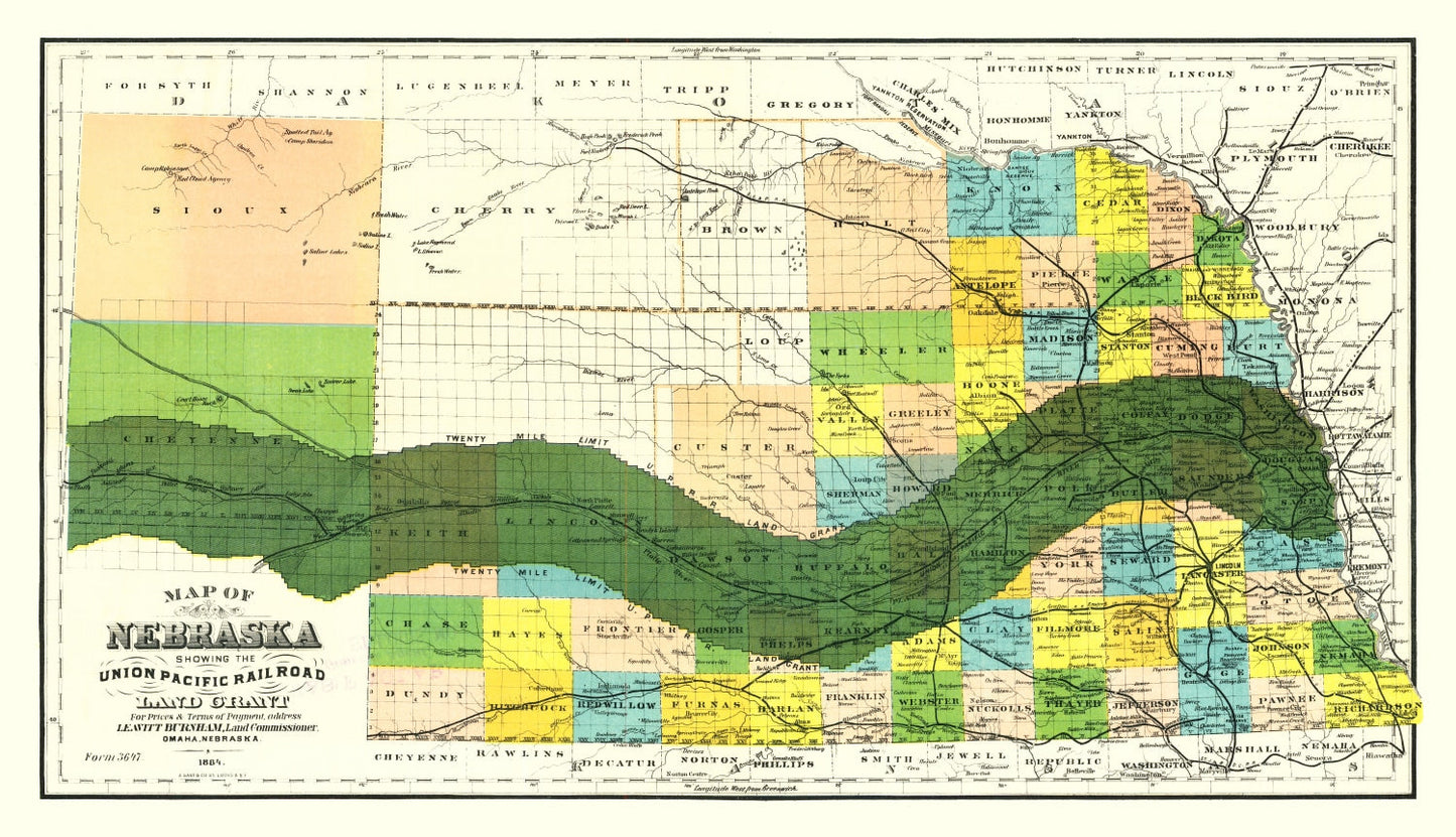 Vintage Union Pacific Railroad Land Grant Map of Nebraska, 1884