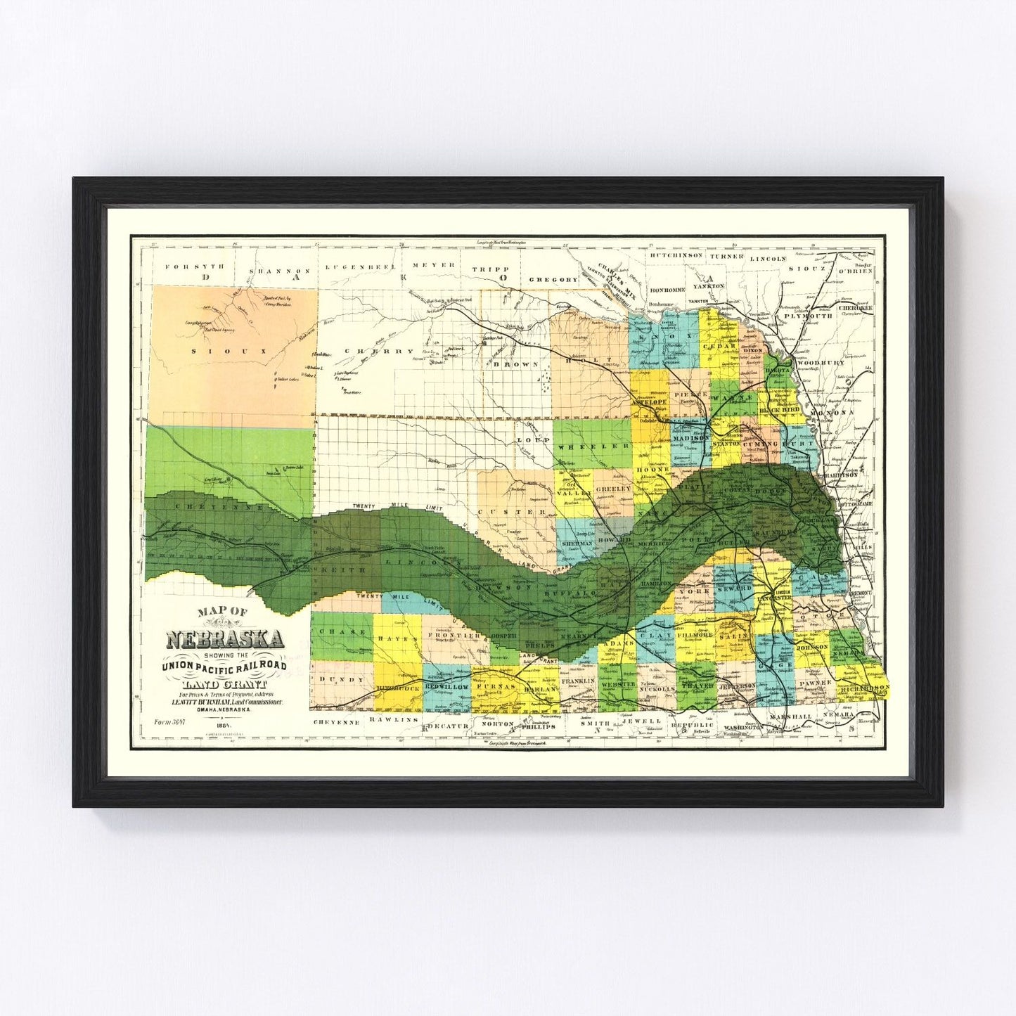 vintage Union Pacific railroad land grant map of Nebraska, 1884