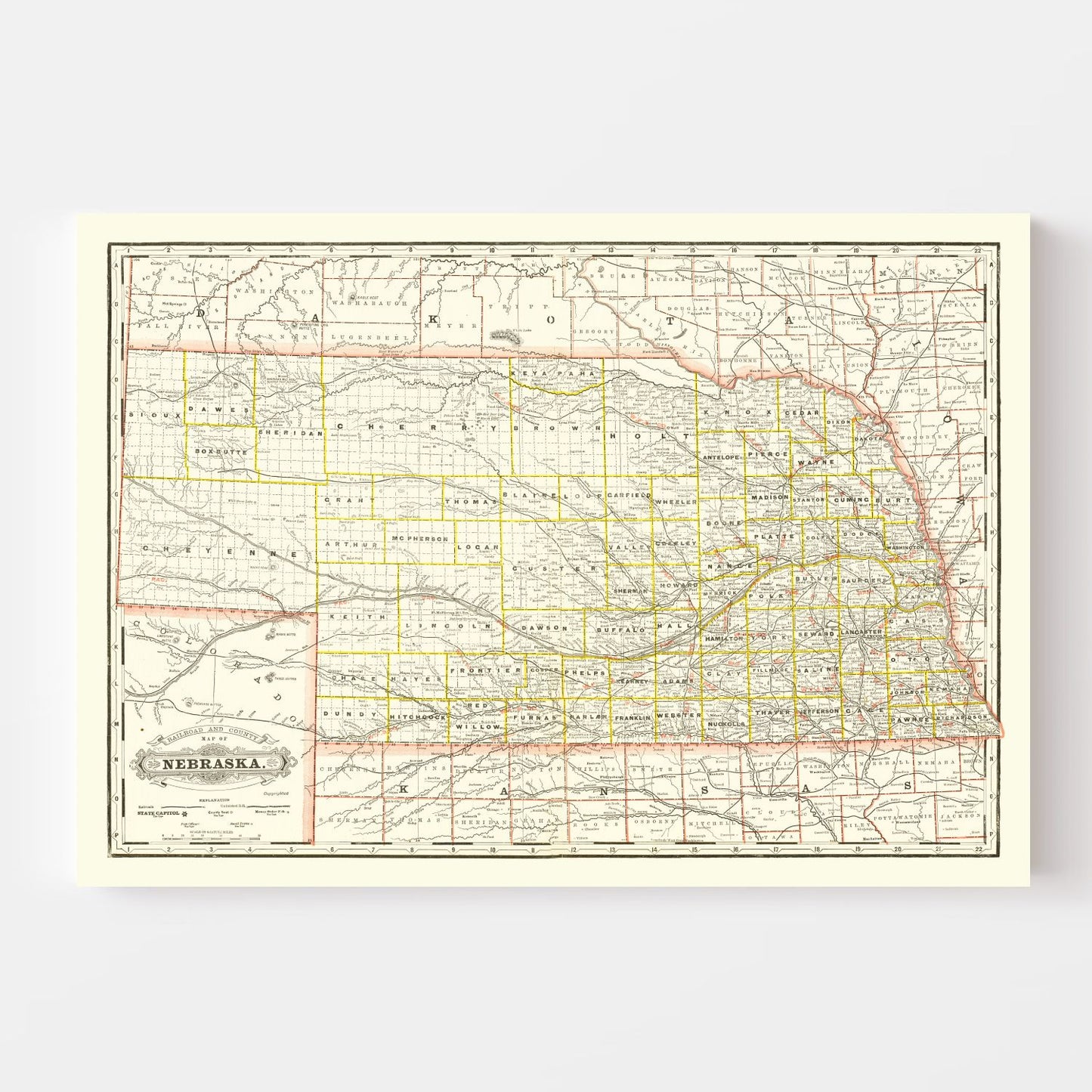 Vintage Railroad Map of Nebraska, 1888