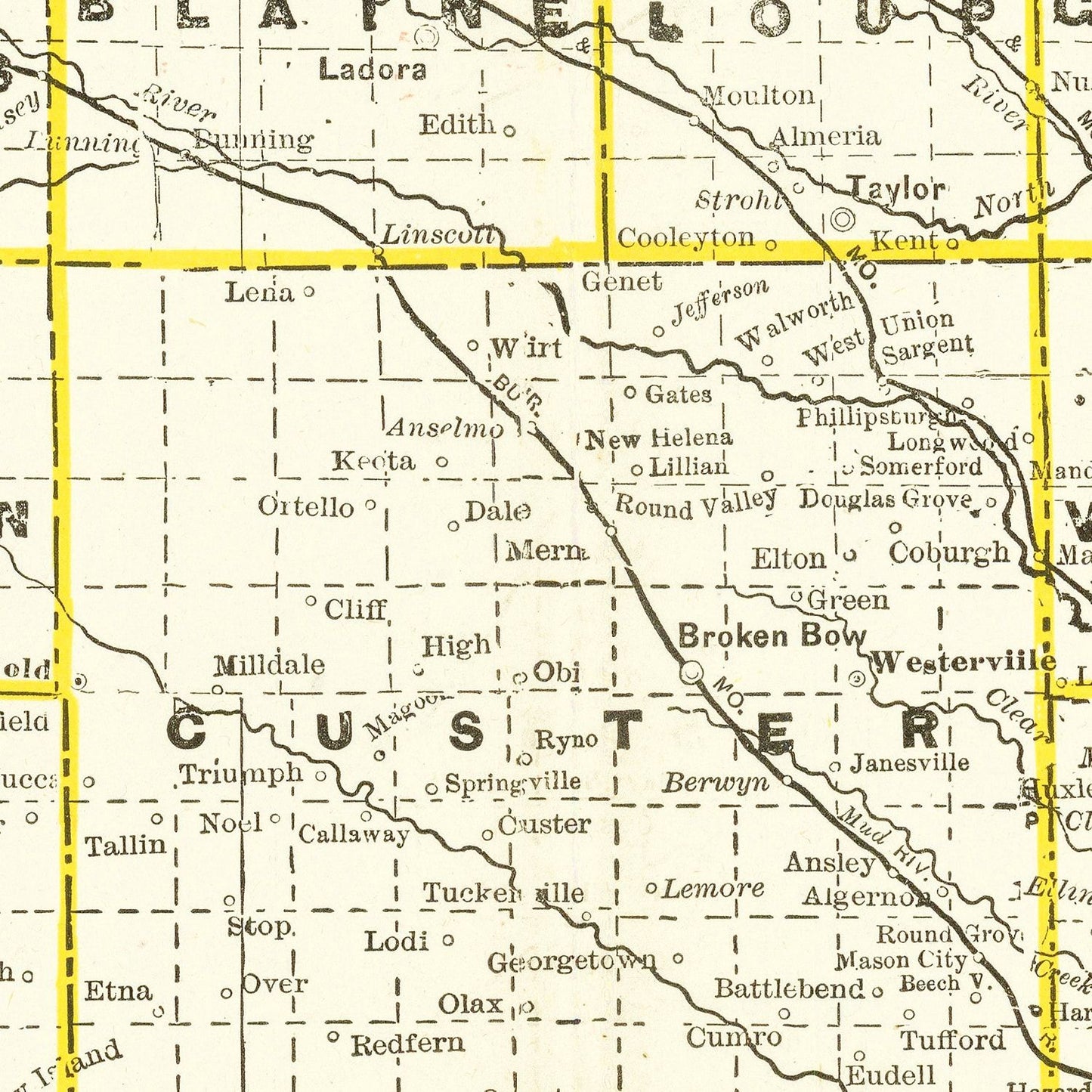 Vintage Railroad Map of Nebraska, 1888