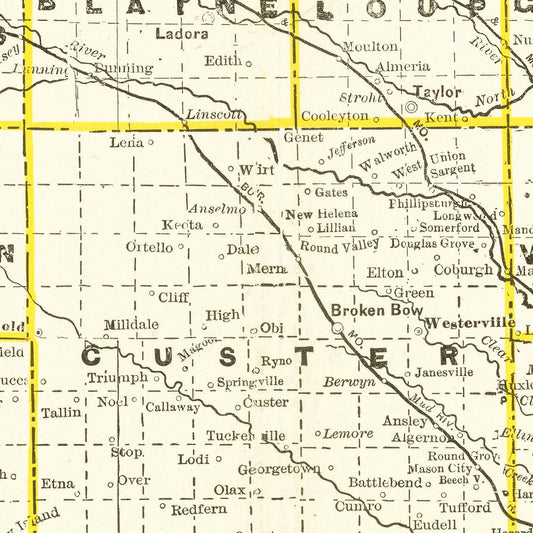 Vintage Railroad Map of Nebraska, 1888