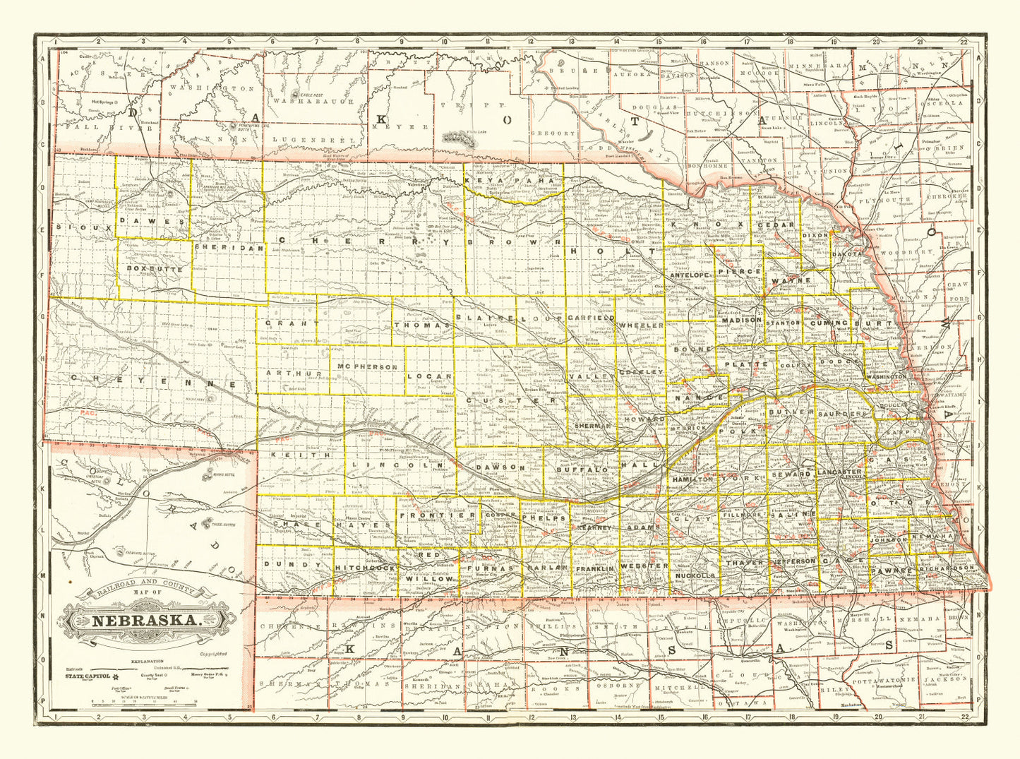 Vintage Railroad Map of Nebraska, 1888