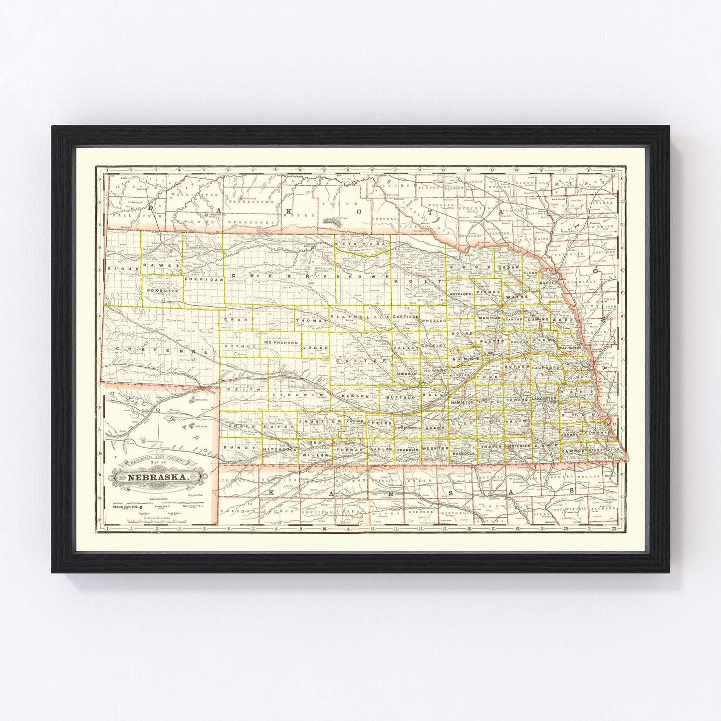 vintage railroad map of Nebraska, 1888