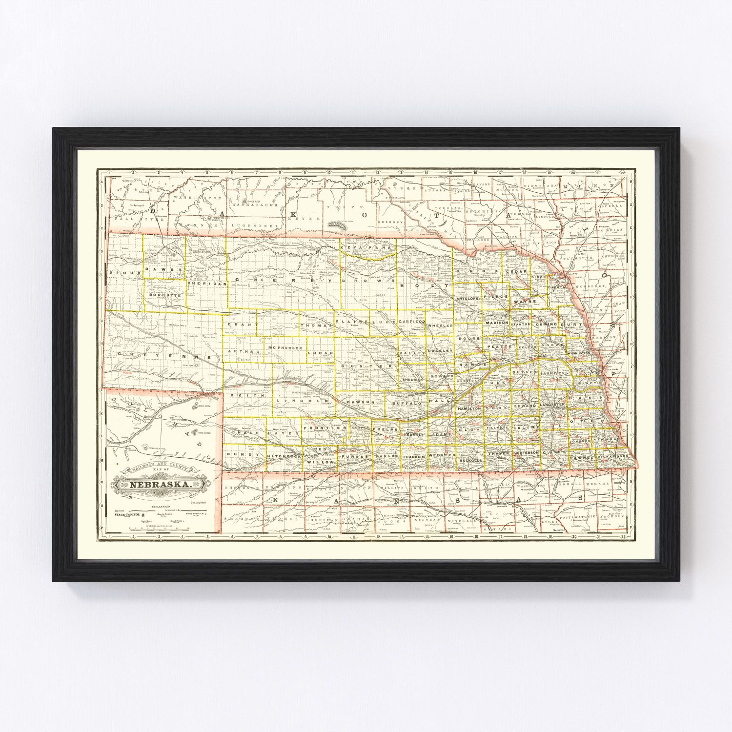 vintage railroad map of Nebraska, 1888