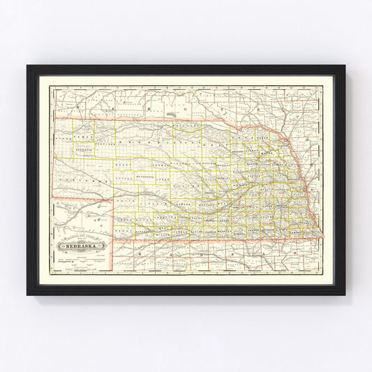 vintage railroad map of Nebraska, 1888