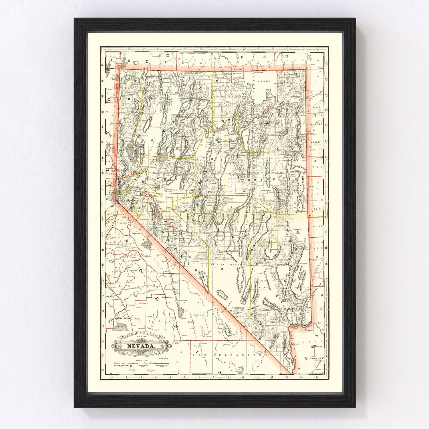 vintage railroad map of Nebraska, 1884