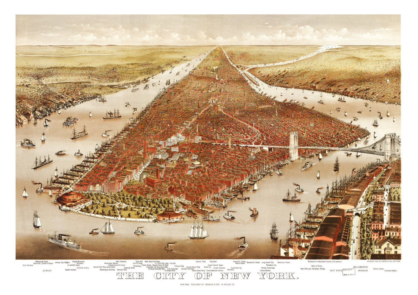 Vintage Map of New York City, New York, 1884