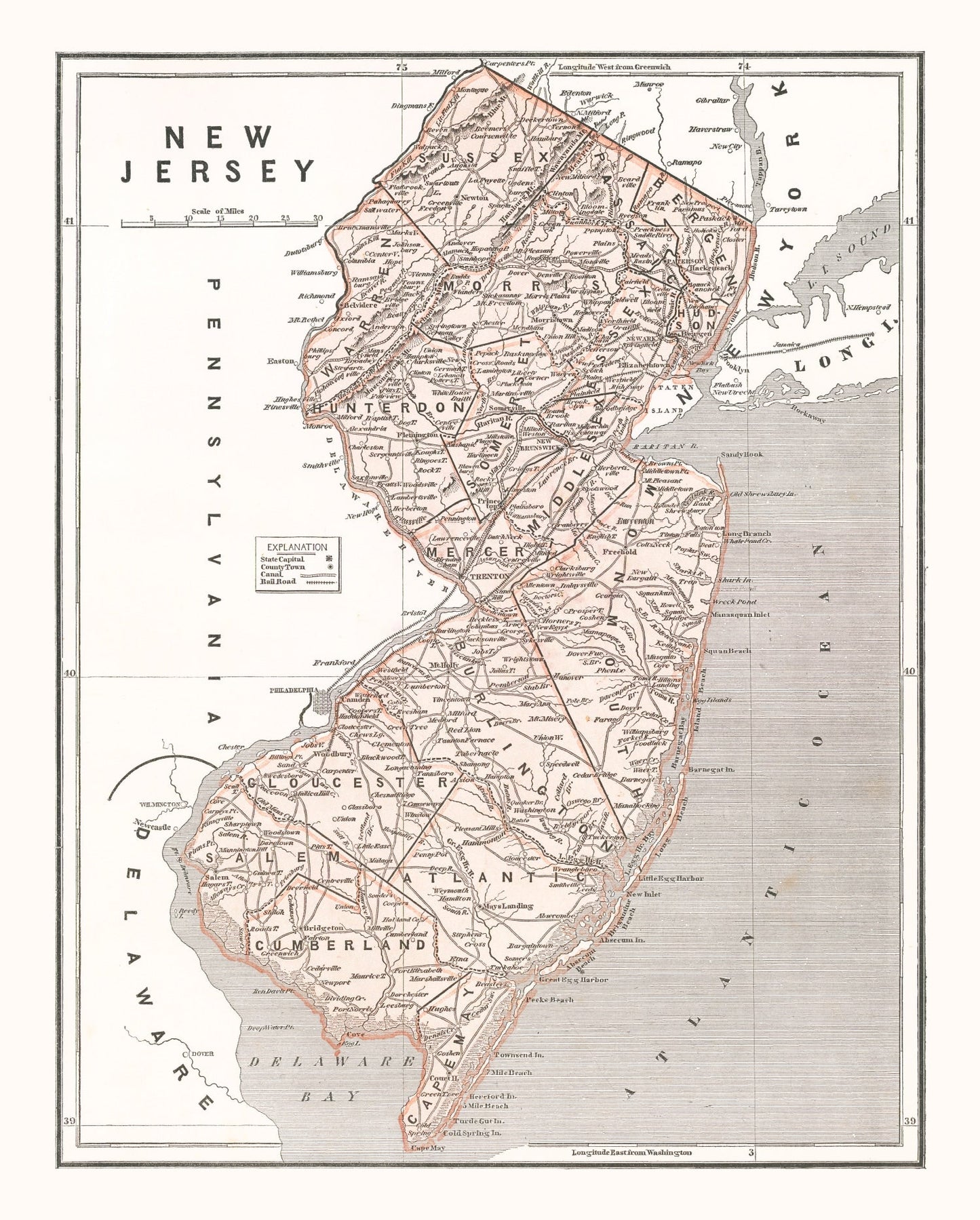 Vintage Map of New Jersey, 1846