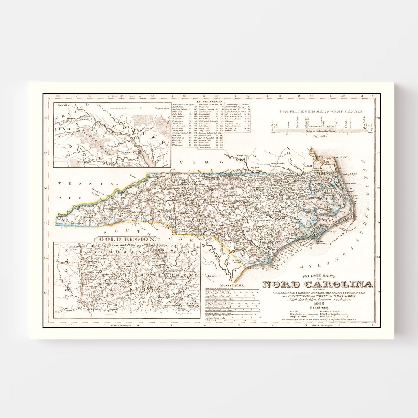 Vintage Map of North Carolina, 1845